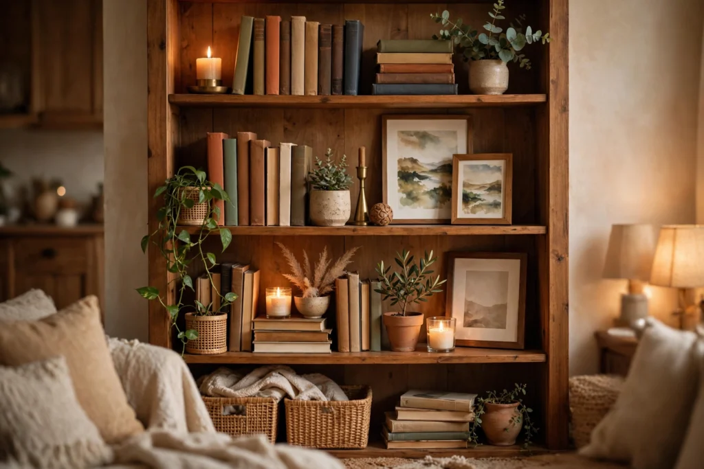 20 Cozy Living Room Ideas for a Warm and Relaxing Space 12 Styled bookshelf with books and personal decor in a cozy living room