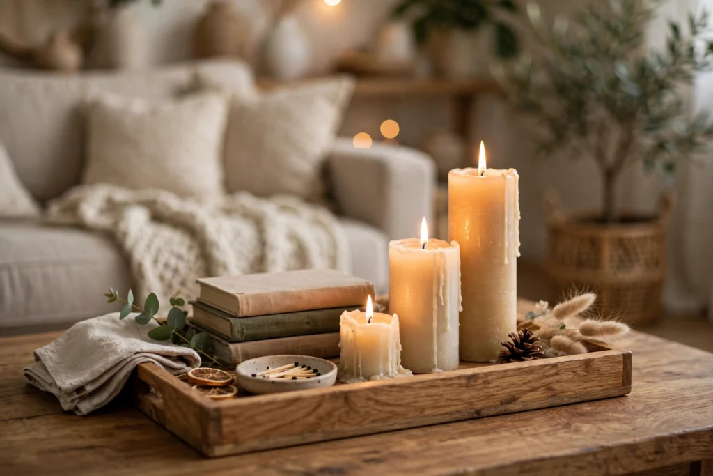20 Cozy Living Room Ideas for a Warm and Relaxing Space 11 Cluster of lit candles styled on a coffee table in a cozy living room
