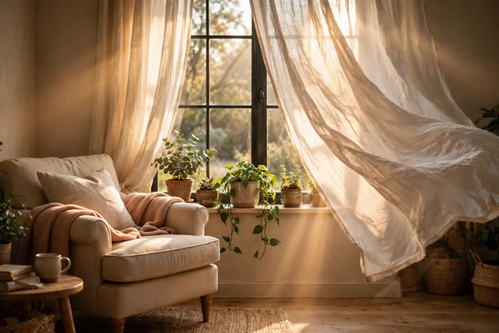 20 Cozy Living Room Ideas for a Warm and Relaxing Space 7 Floor-length light curtains softening tall windows in a cozy living room