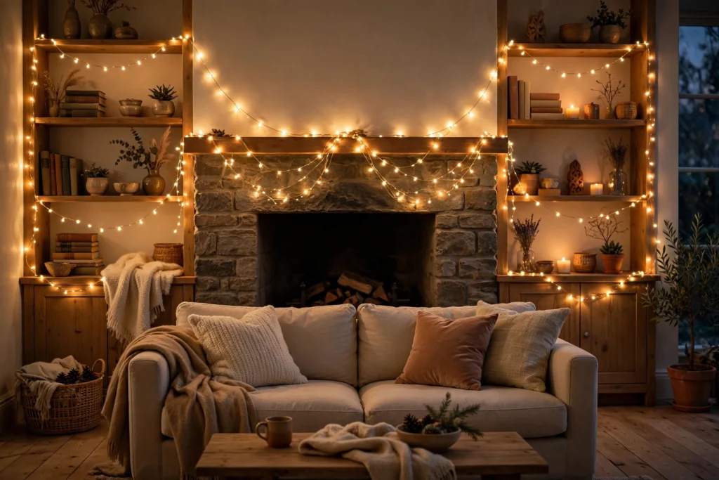 20 Cozy Living Room Ideas for a Warm and Relaxing Space 9 Twinkling fairy string lights adding a warm glow to a cozy living room