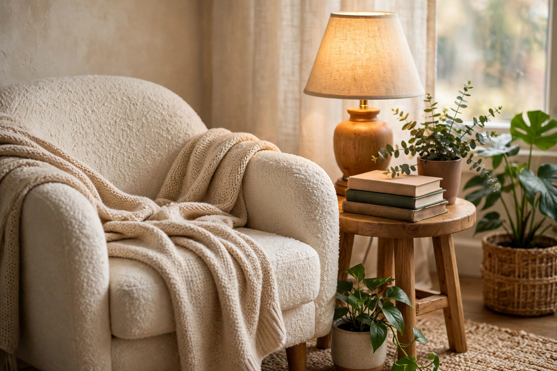 20 Cozy Living Room Ideas for a Warm and Relaxing Space 6 Cozy reading corner with armchair, books and warm lamp
