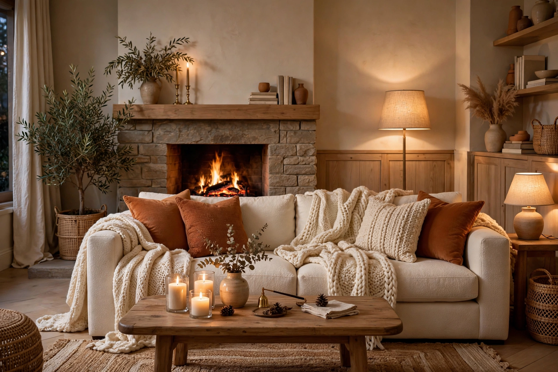 Cozy living room with fireplace glow, plush sofa and warm lighting