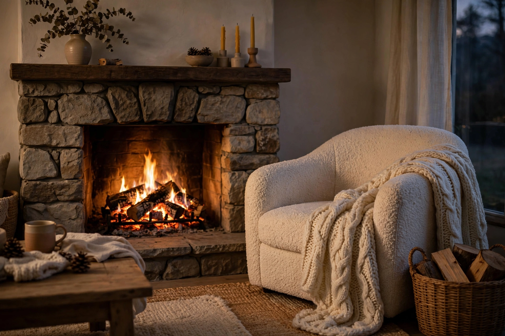20 Cozy Living Room Ideas for a Warm and Relaxing Space 8 Cozy living room with a glowing fireplace, warm lighting and inviting seating