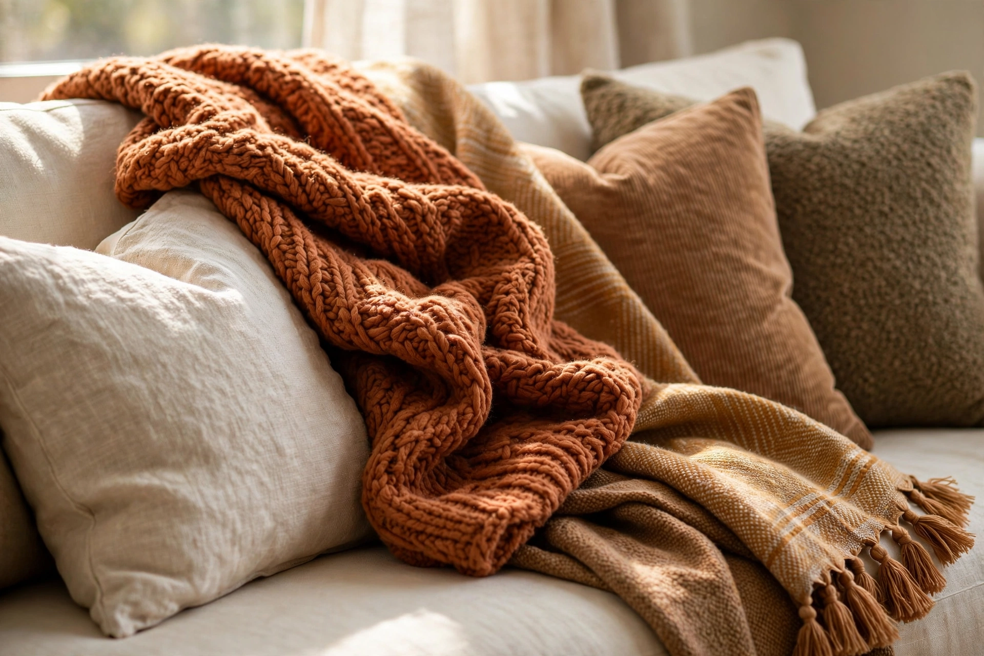 20 Cozy Living Room Ideas for a Warm and Relaxing Space 5 Close-up of layered cozy textiles with chunky knit throws and velvet cushions on a sofa