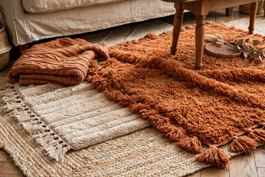 20 Cozy Living Room Ideas for a Warm and Relaxing Space 3 Layered plush area rugs adding warmth and texture to a cozy living room