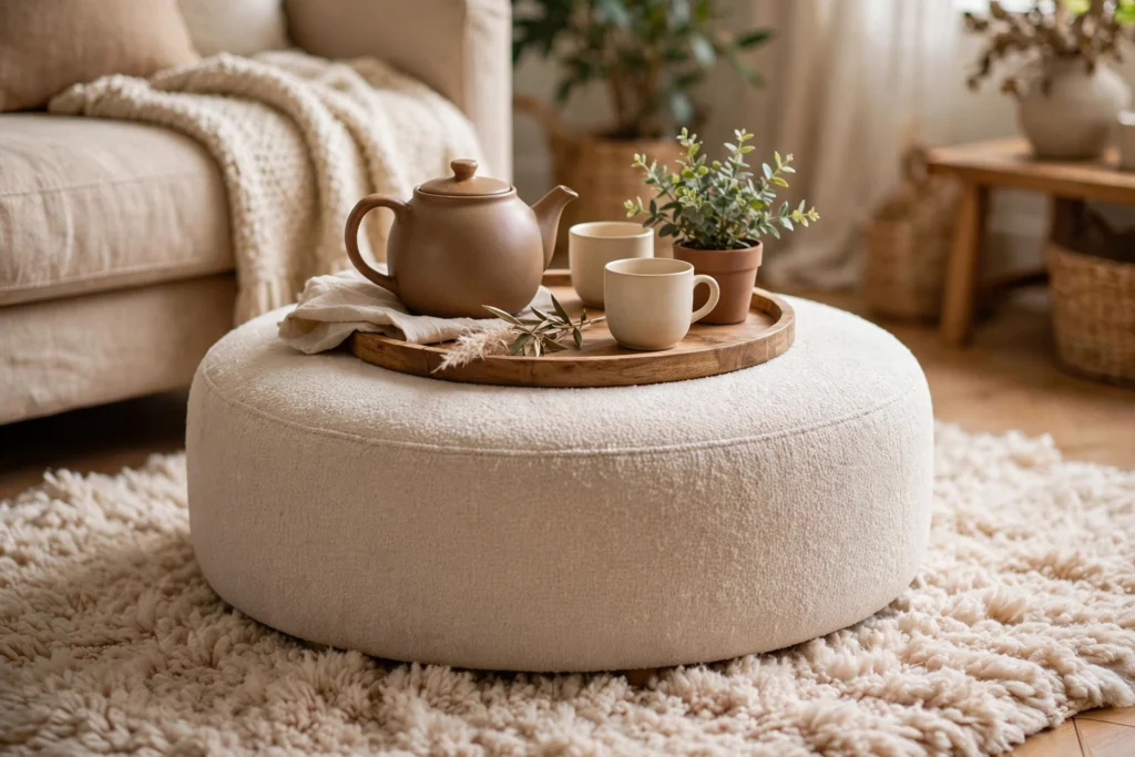 20 Cozy Living Room Ideas for a Warm and Relaxing Space 13 Upholstered ottoman with a styled tray in a cozy living room
