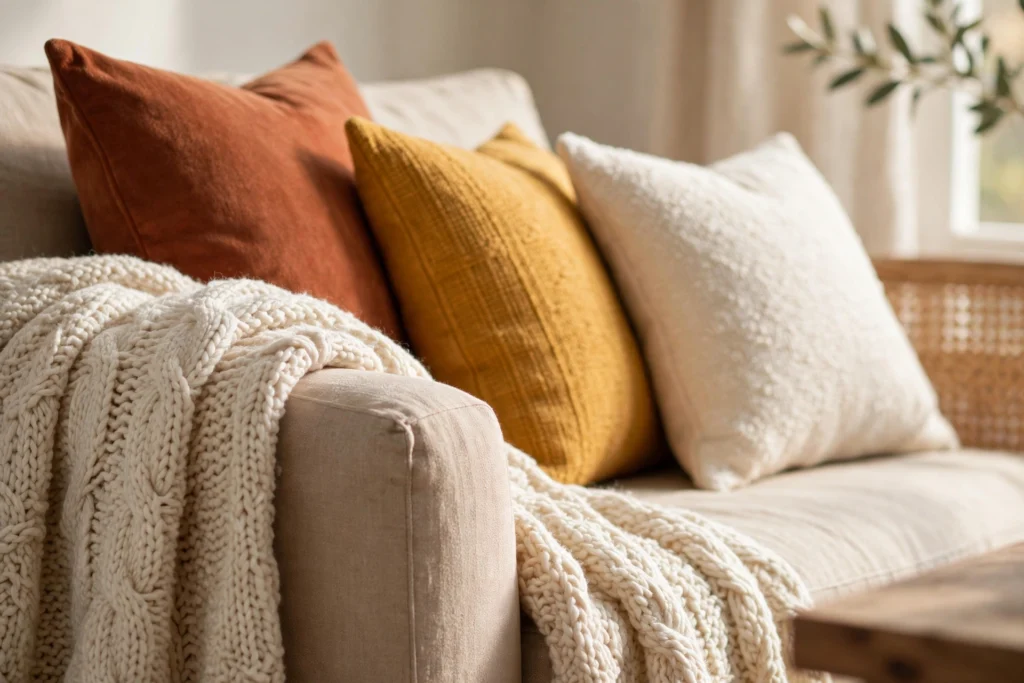 20 Cozy Living Room Ideas for a Warm and Relaxing Space 10 Plush cushions and throw pillows piled on a cozy living room sofa