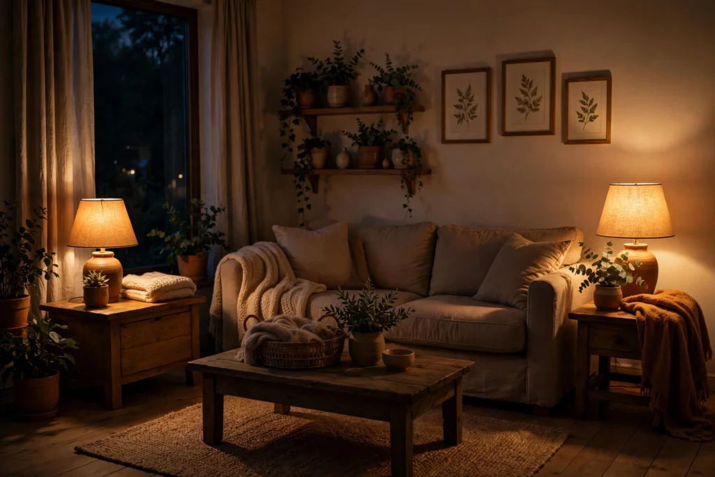 20 Cozy Living Room Ideas for a Warm and Relaxing Space 2 Warm glowing table lamps on side tables in a cozy living room
