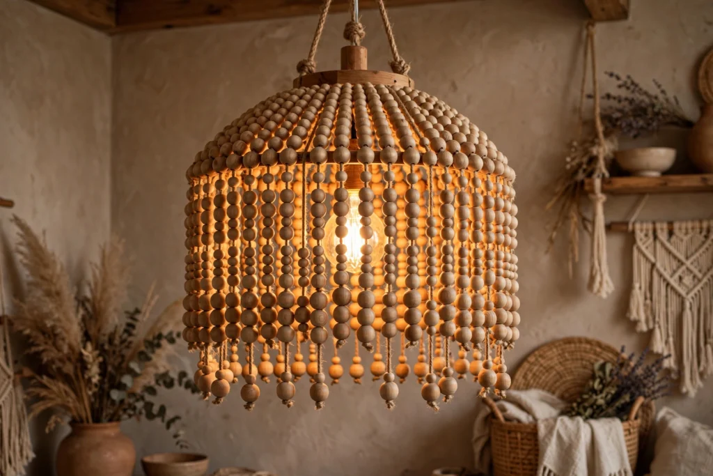 Wooden bead chandelier hanging over a dining table