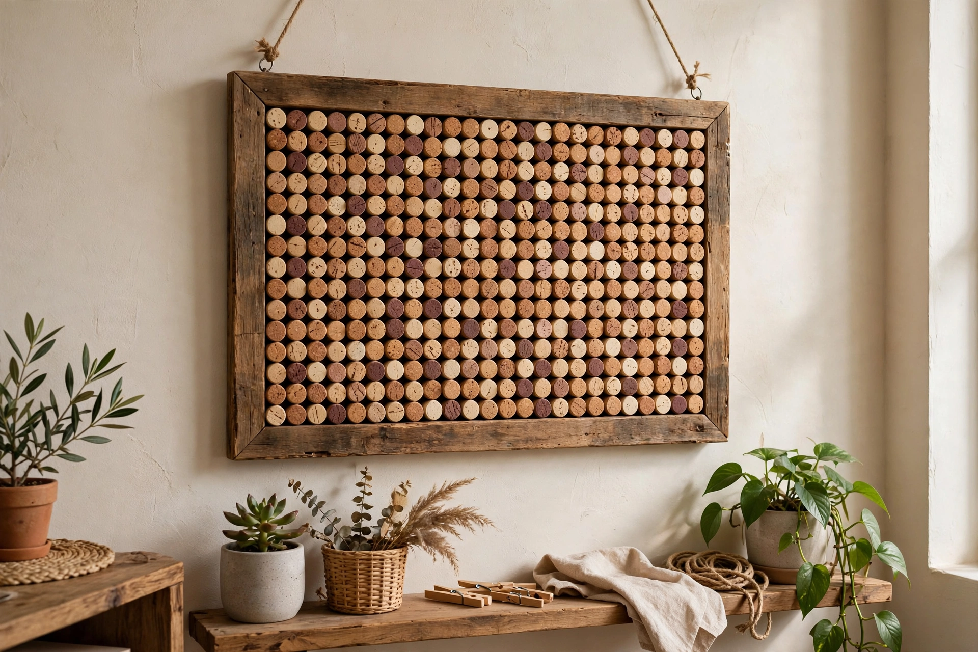 Framed cork board styled as a mood board in a home office