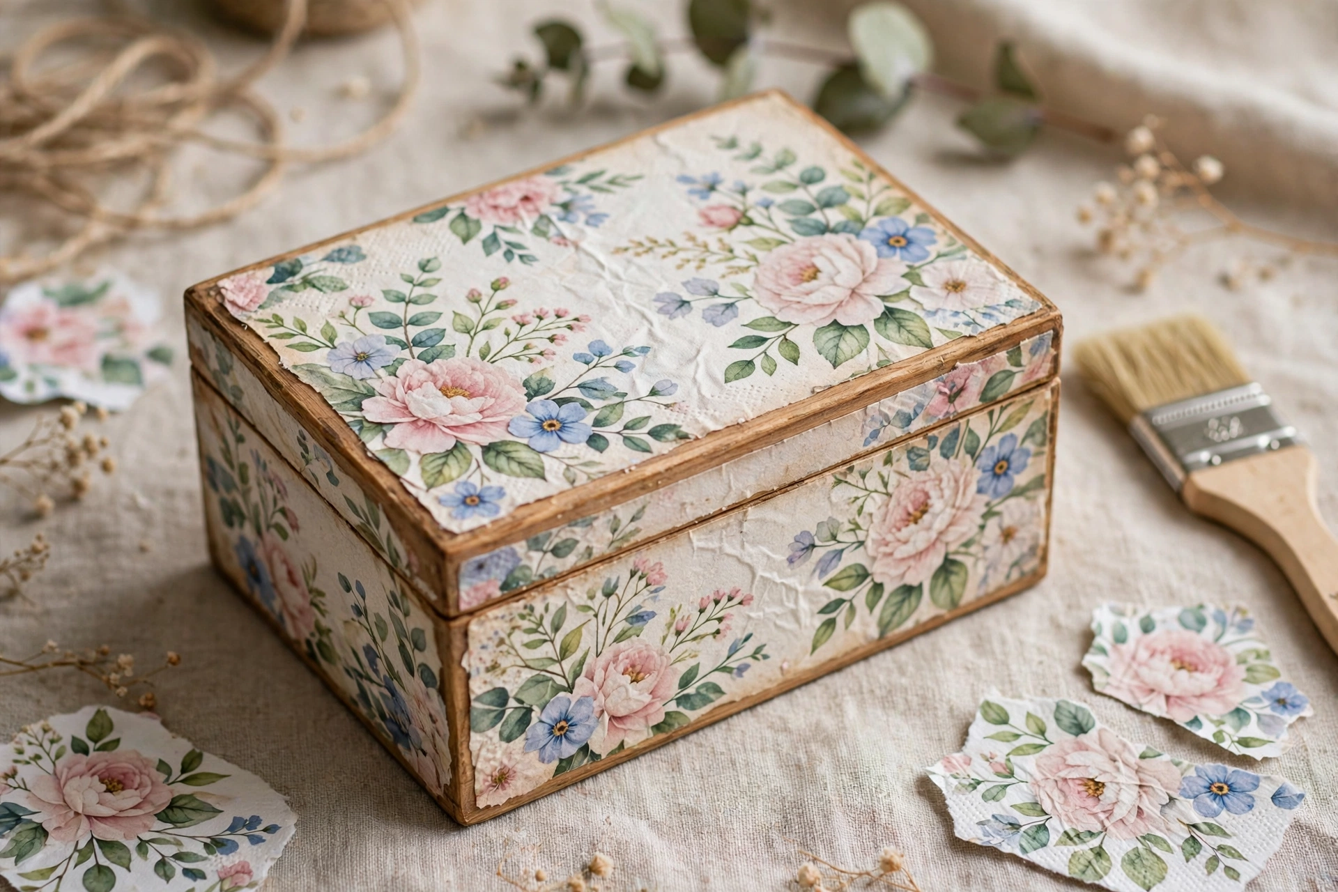 Decoupage coasters with floral napkin designs on a coffee table
