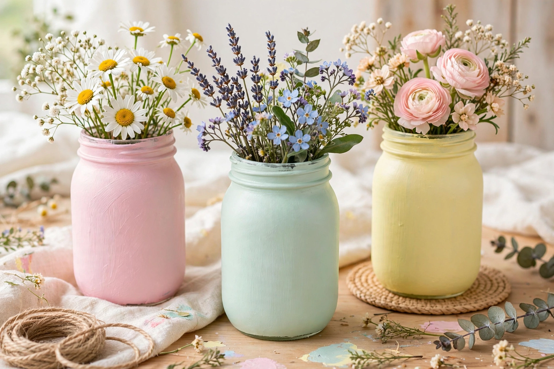 Hand-painted mason jars used as vases in DIY home decor crafts