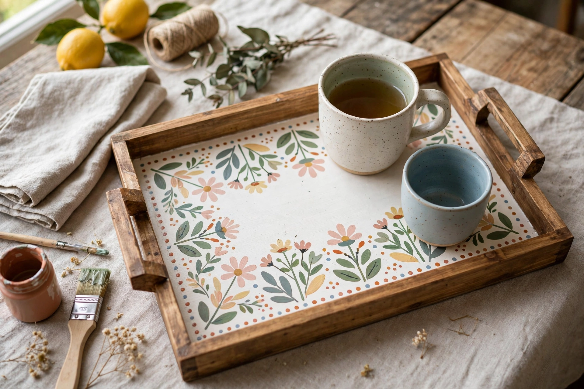 Hand-painted wooden serving tray with botanical design