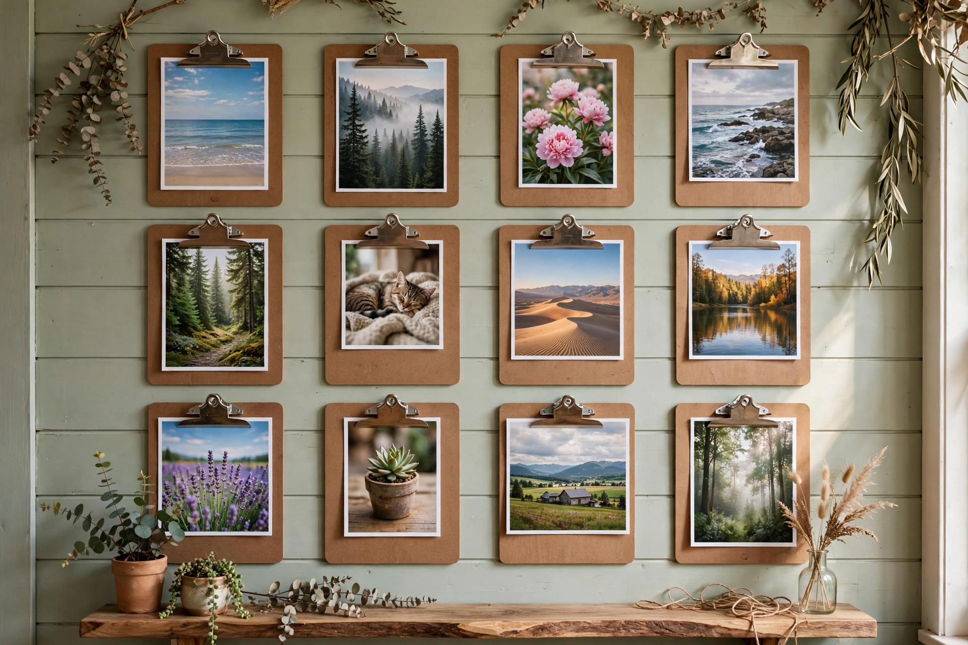 Photo clipboard gallery wall with family pictures in a hallway