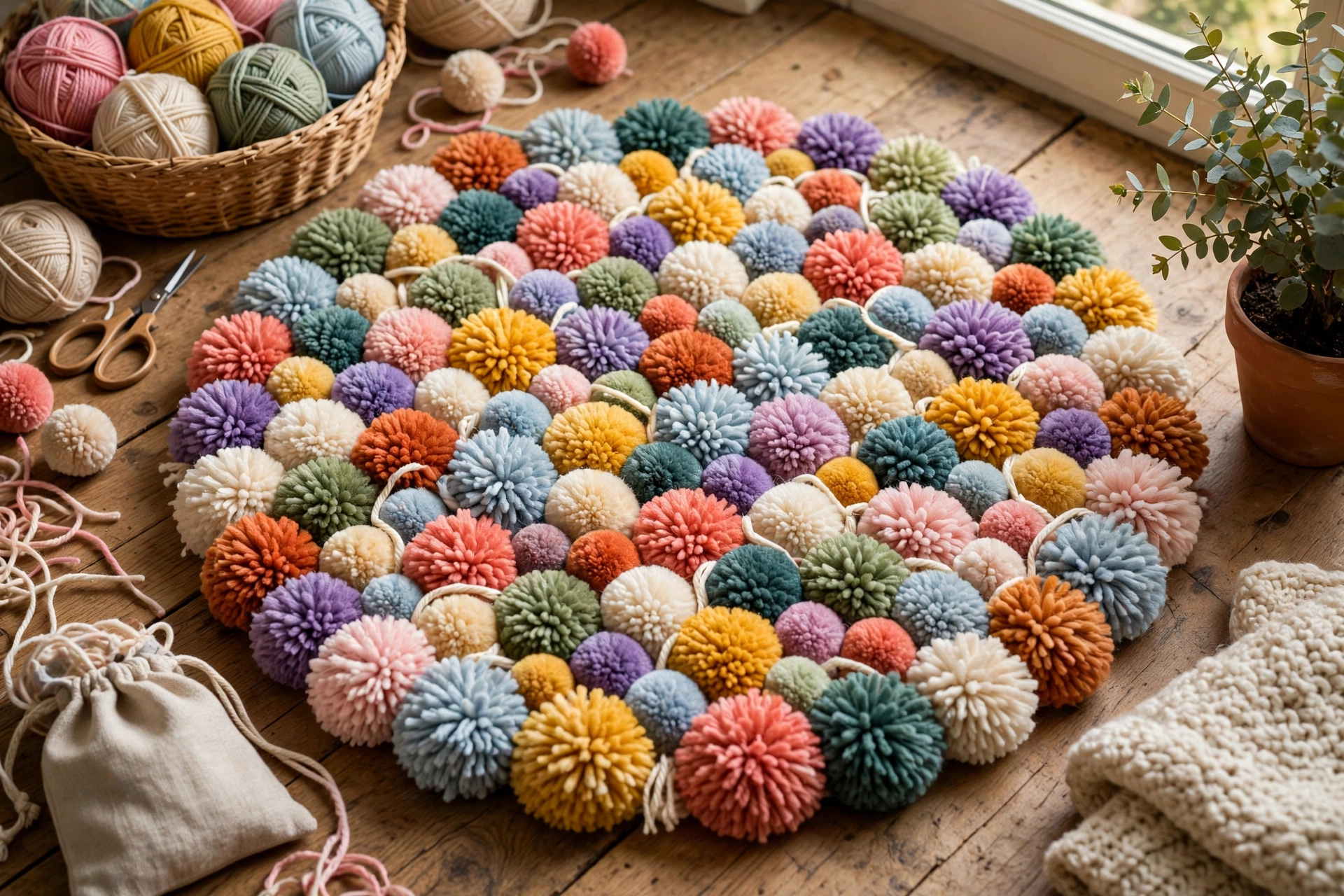 Fluffy handmade pom-pom rug beside a bed