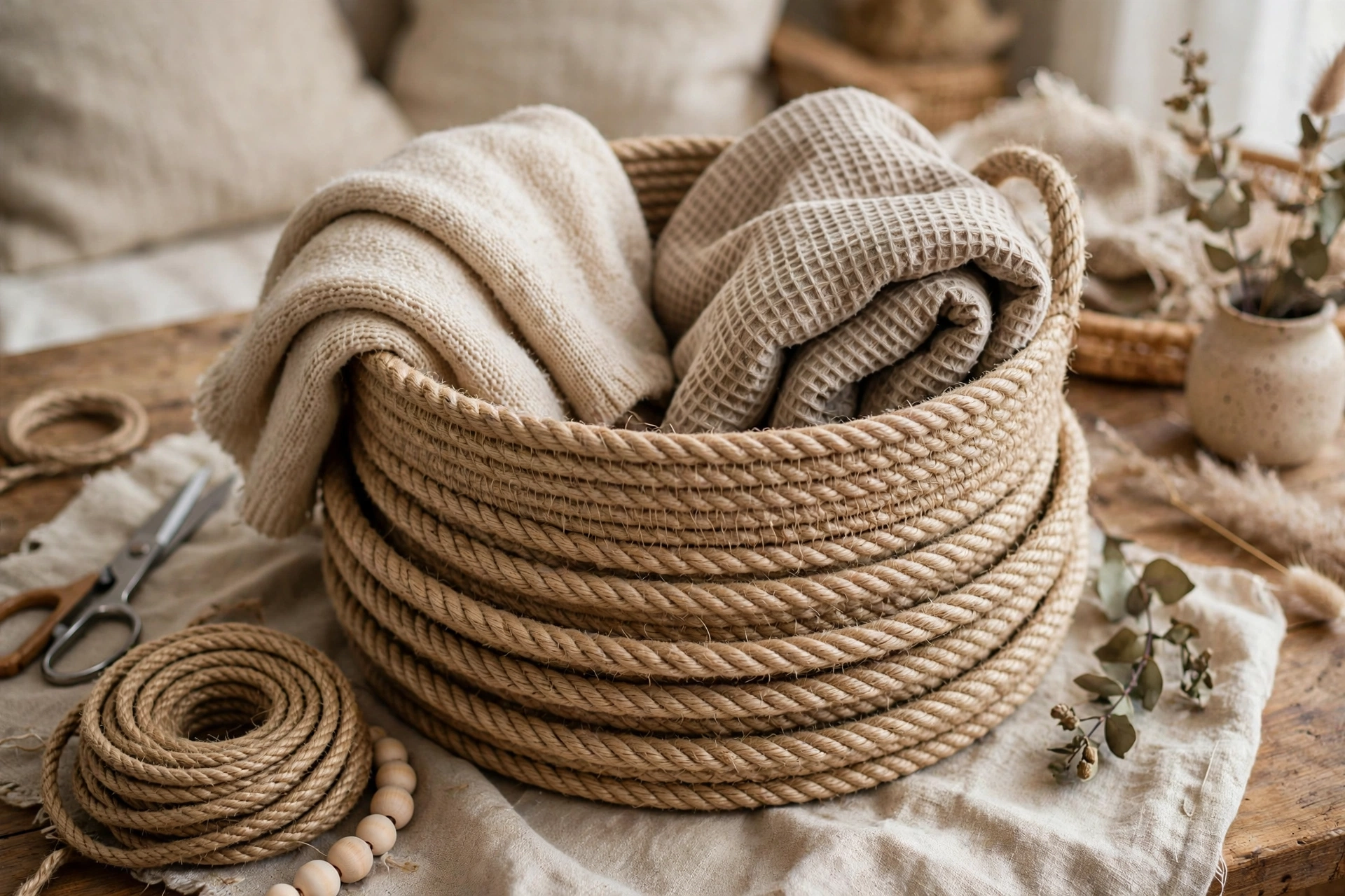 Handmade rope basket holding throw blankets in a living room