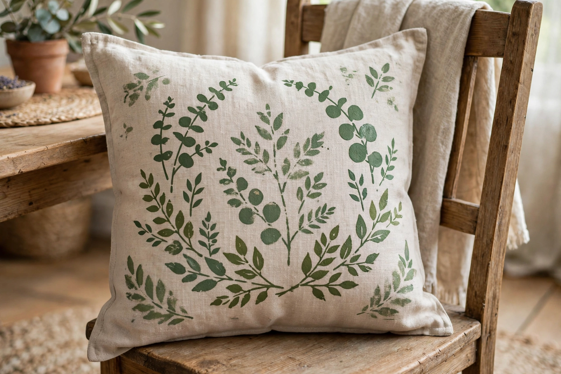 Stenciled throw pillow with geometric pattern on a sofa