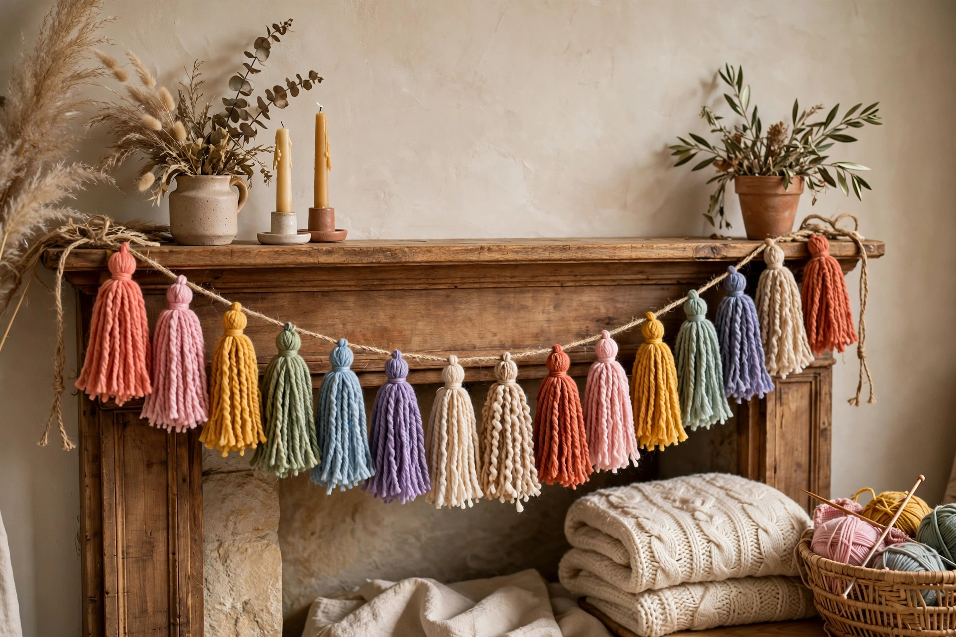 Colorful handmade tassel garland draped over a fireplace mantel