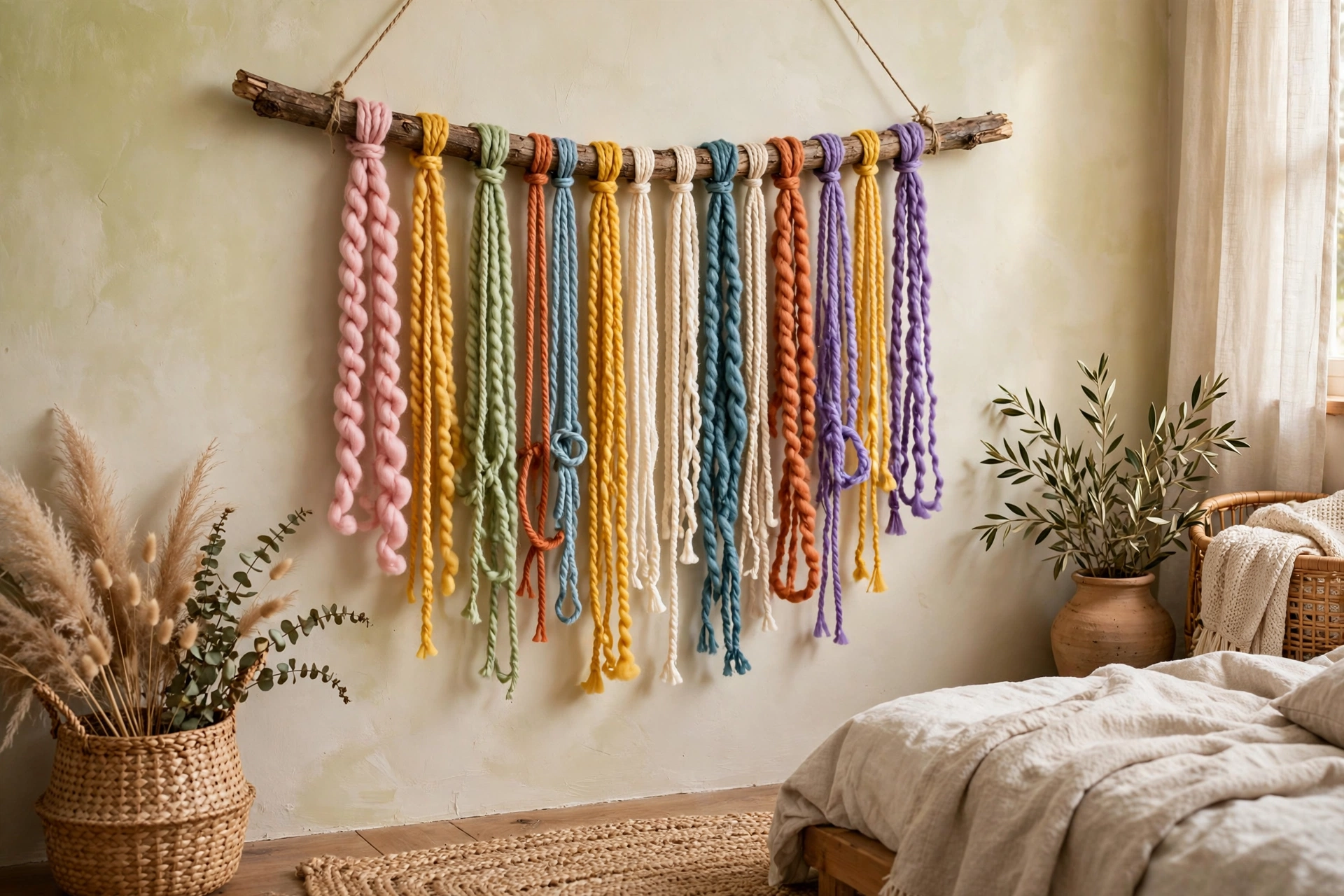 Boho yarn wall hanging above a bed