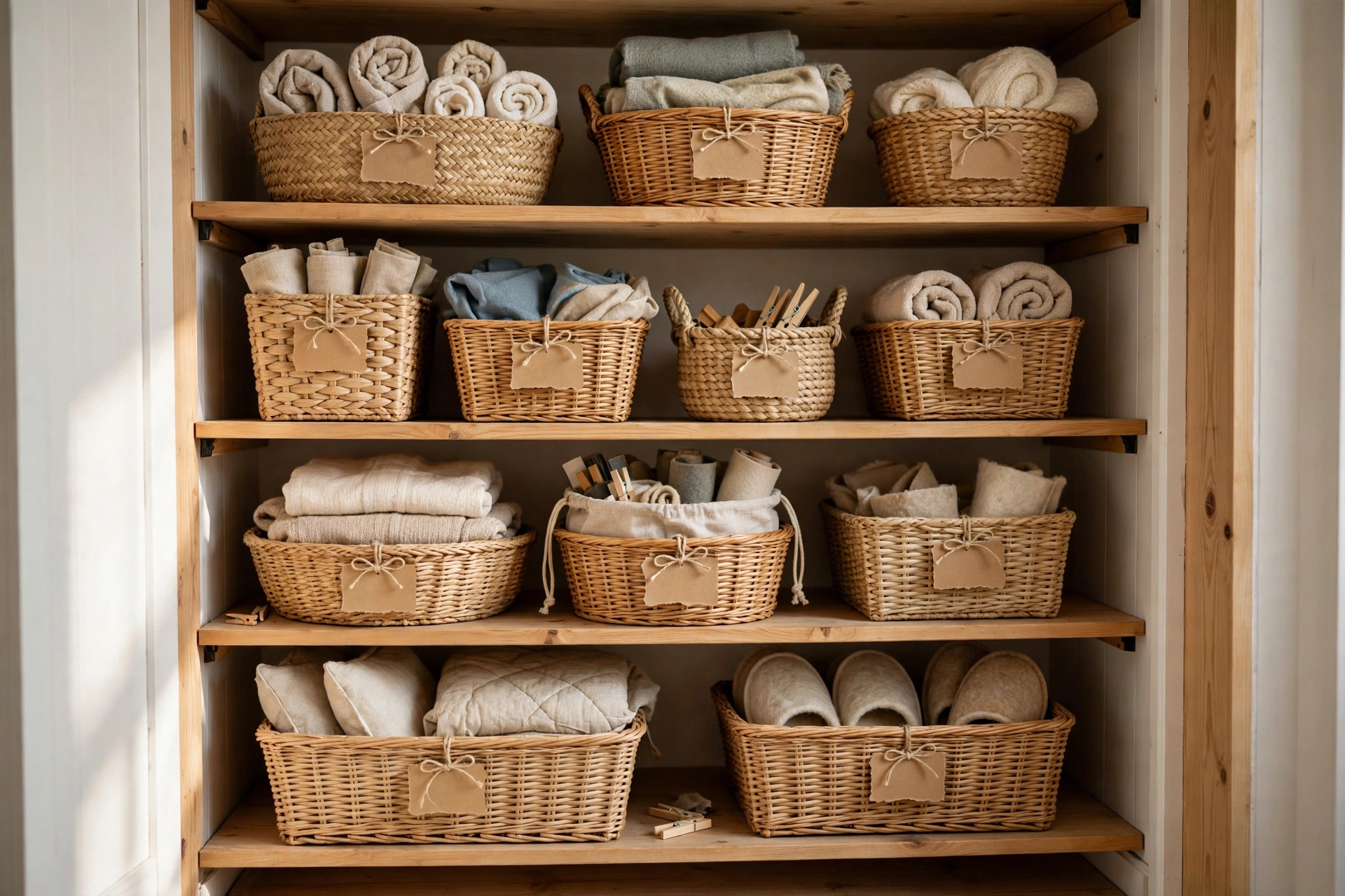 20 DIY Organization Ideas for a Clutter-Free Home 2 Labeled woven storage baskets neatly arranged on closet shelves