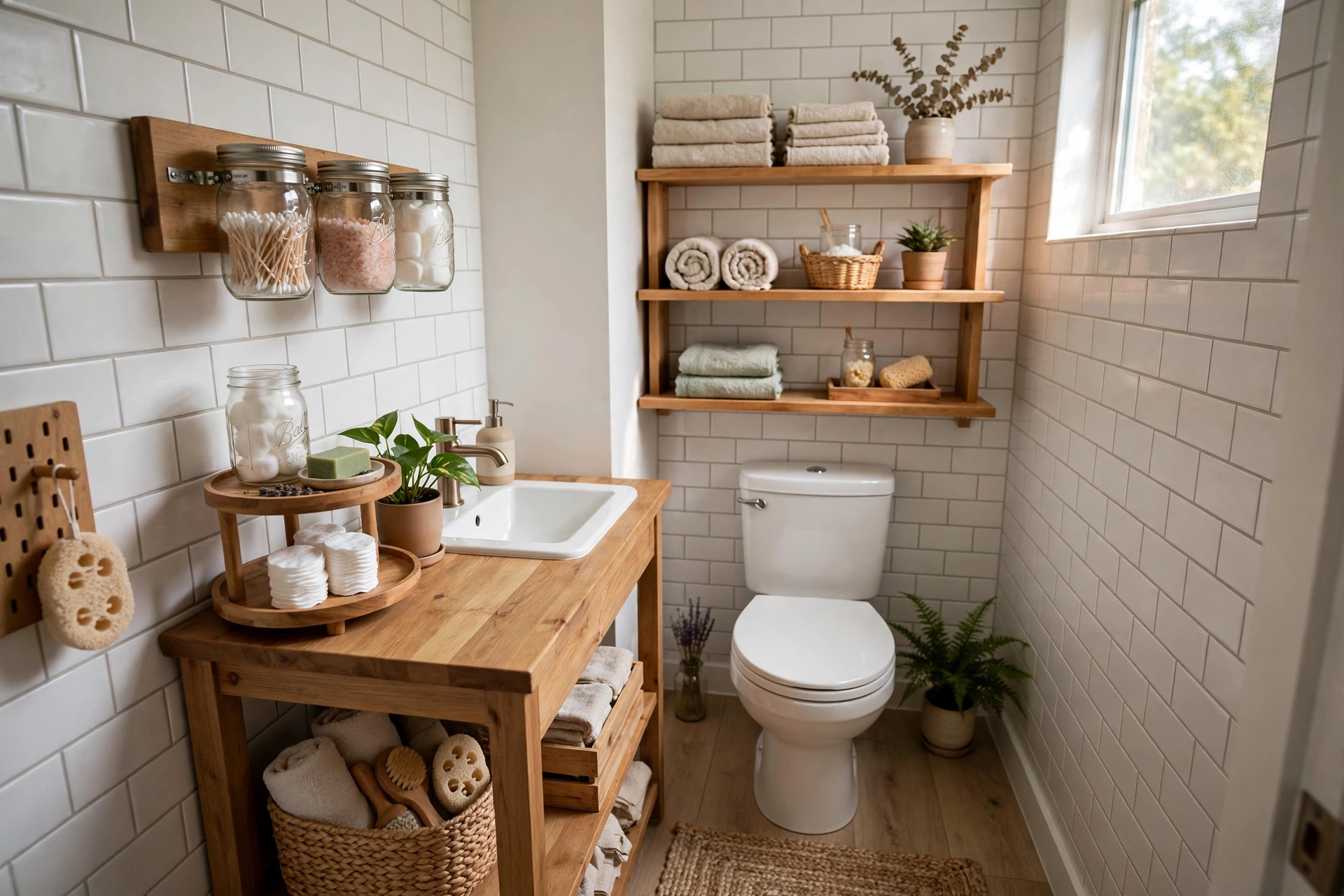 20 DIY Organization Ideas for a Clutter-Free Home 8 Organized bathroom counter with tiered tray and labeled containers