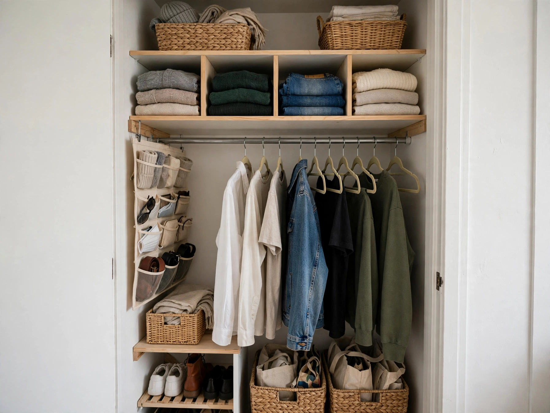20 DIY Organization Ideas for a Clutter-Free Home 4 Organized closet with matching hangers, shelf dividers, and storage bins
