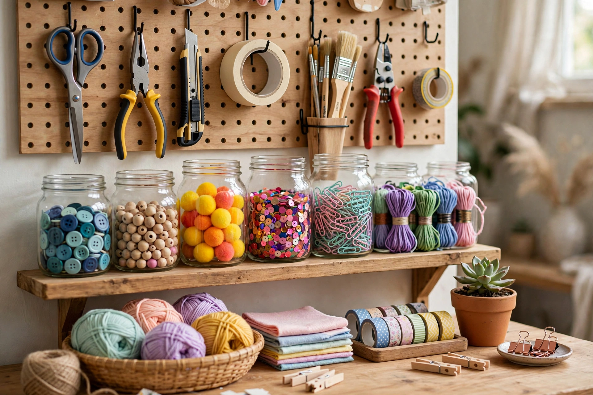20 DIY Organization Ideas for a Clutter-Free Home 10 Craft supplies organized in labeled jars, bins, and a pegboard
