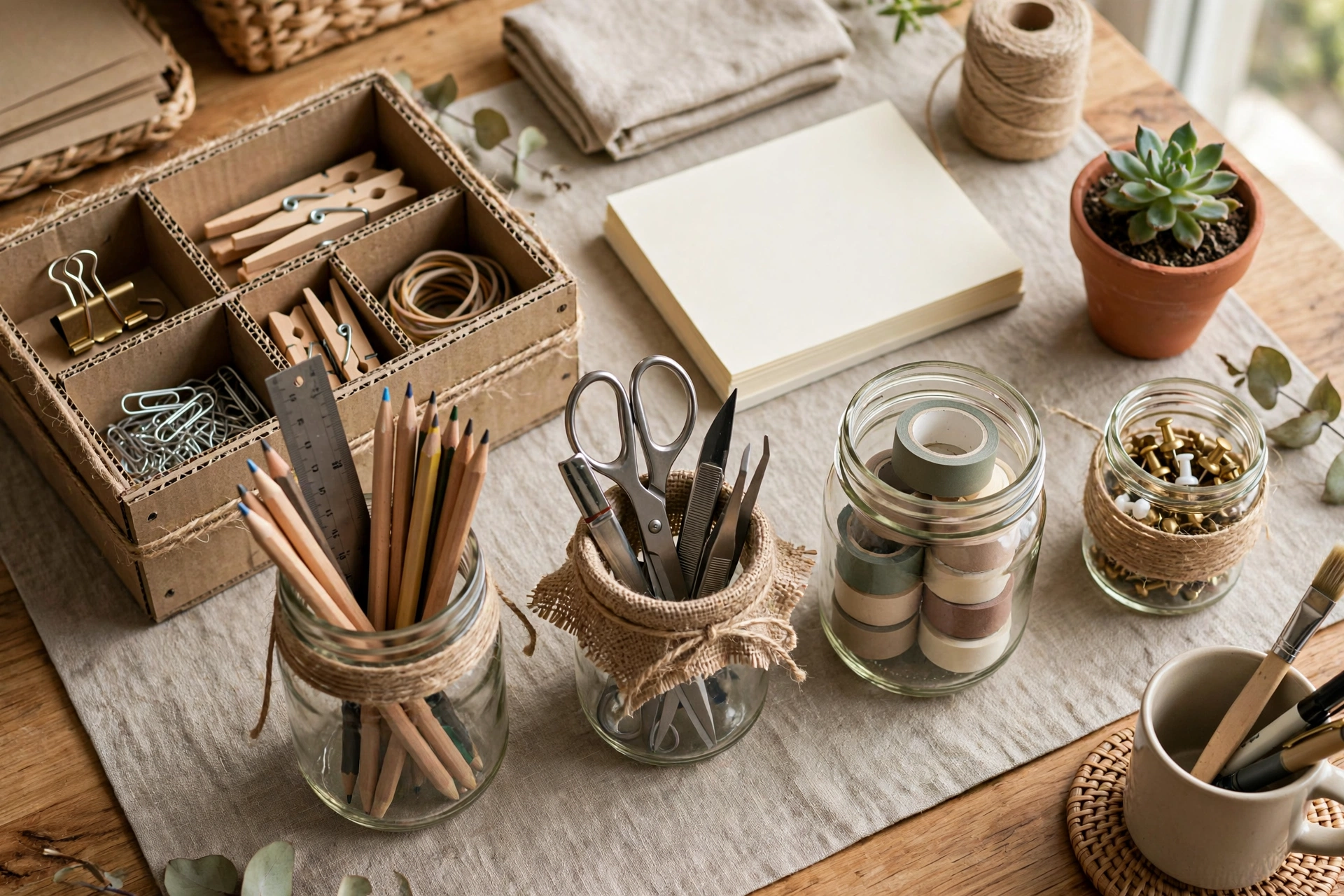 20 DIY Organization Ideas for a Clutter-Free Home 5 Tidy desk with DIY organizers, pen holders, and labeled trays