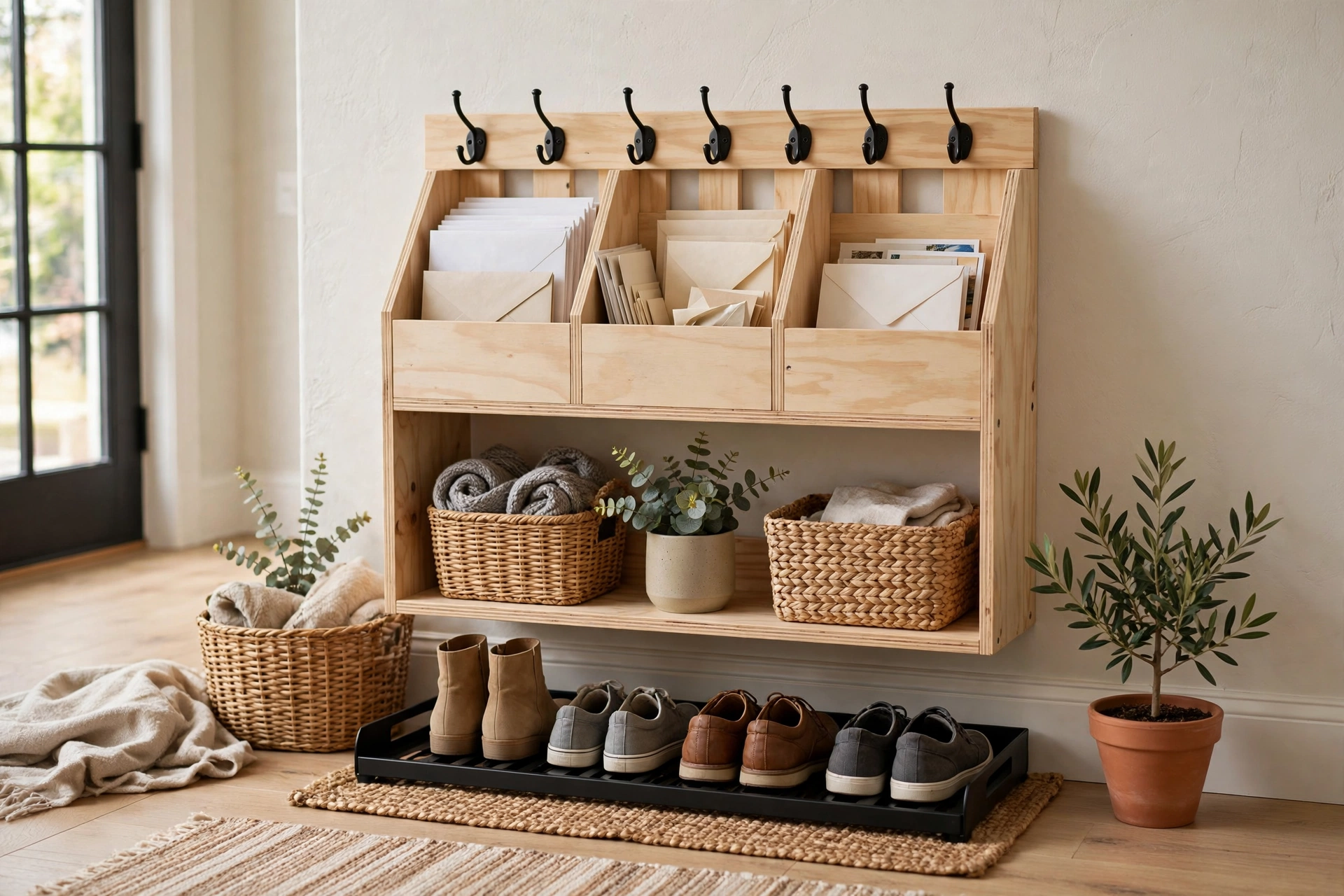 20 DIY Organization Ideas for a Clutter-Free Home 7 Entryway organization station with wall hooks, bench, and baskets