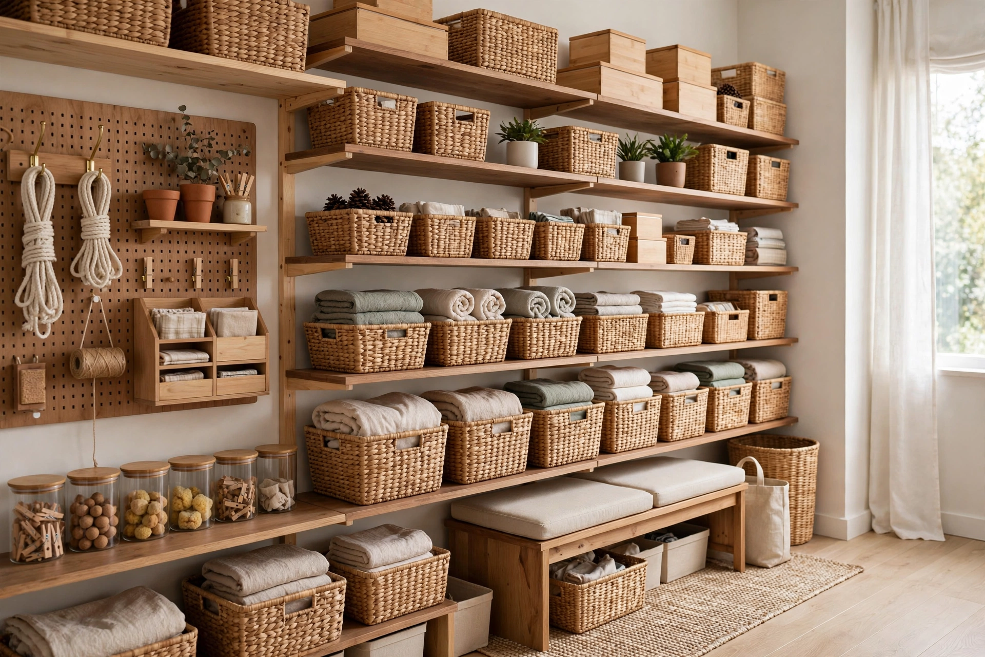 Beautifully organized home interior with labeled storage baskets and DIY organization ideas