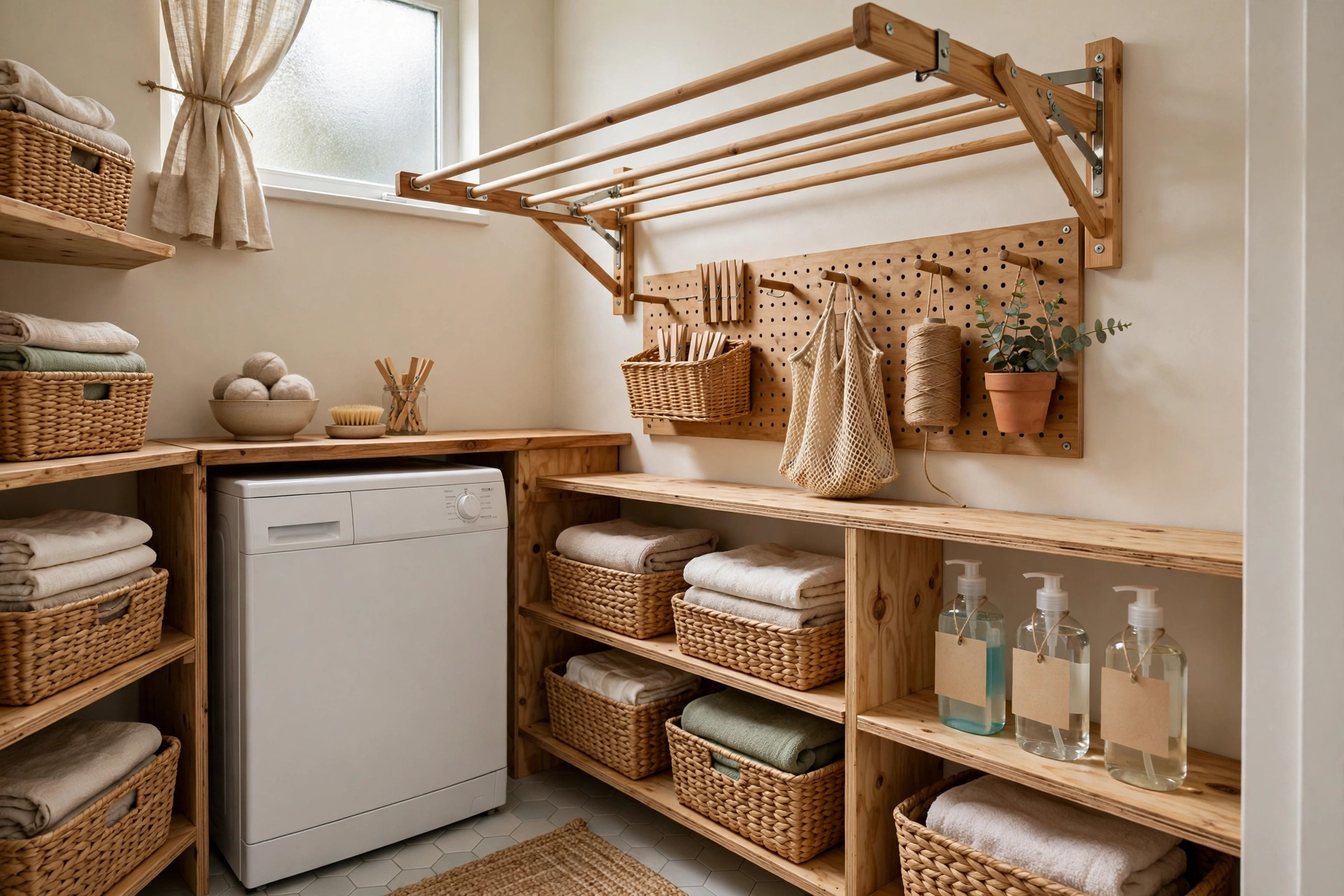 20 DIY Organization Ideas for a Clutter-Free Home 11 Laundry room with labeled hampers, shelves, and drying rack