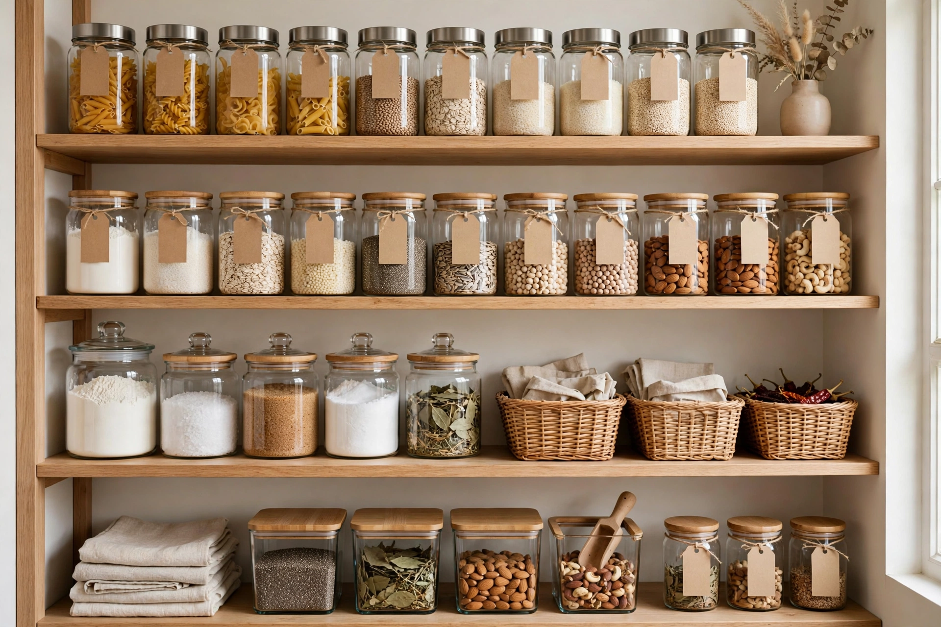 20 DIY Organization Ideas for a Clutter-Free Home 3 Organized pantry with clear labeled containers arranged by zone