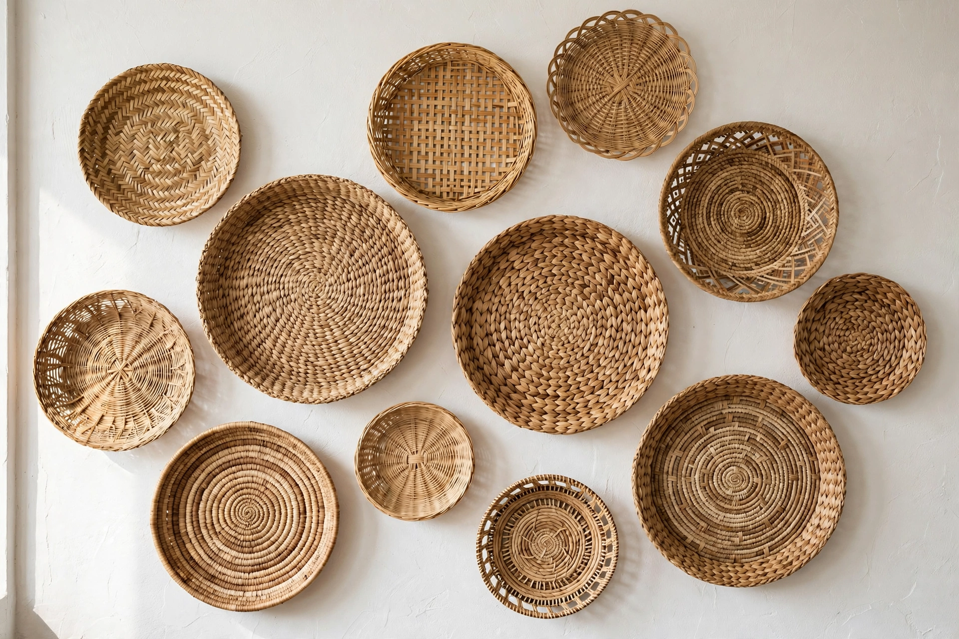 Boho woven basket wall arrangement in natural seagrass tones
