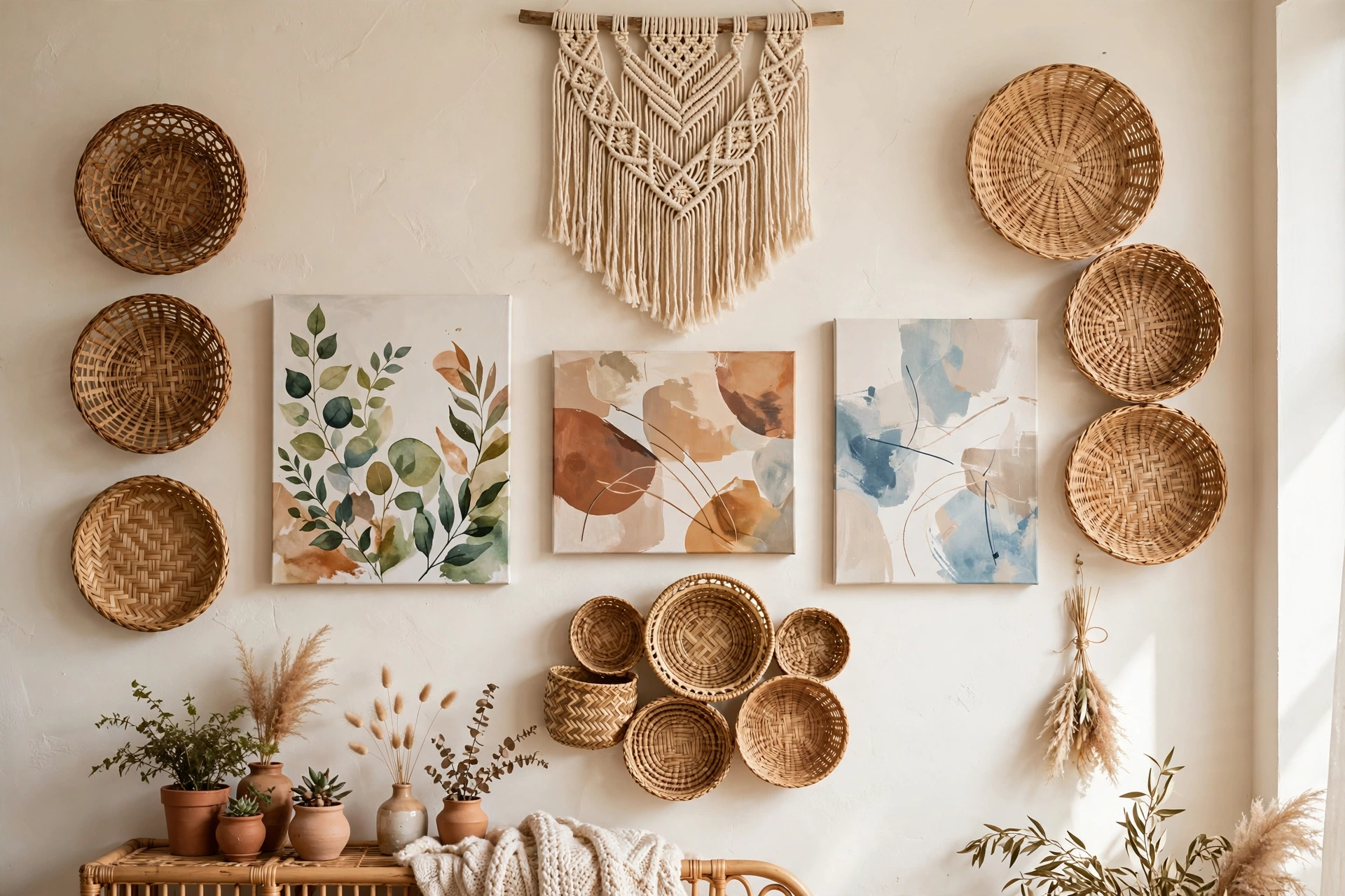 Collection of DIY wall decor ideas including macrame, canvas art, and woven baskets on a living room wall