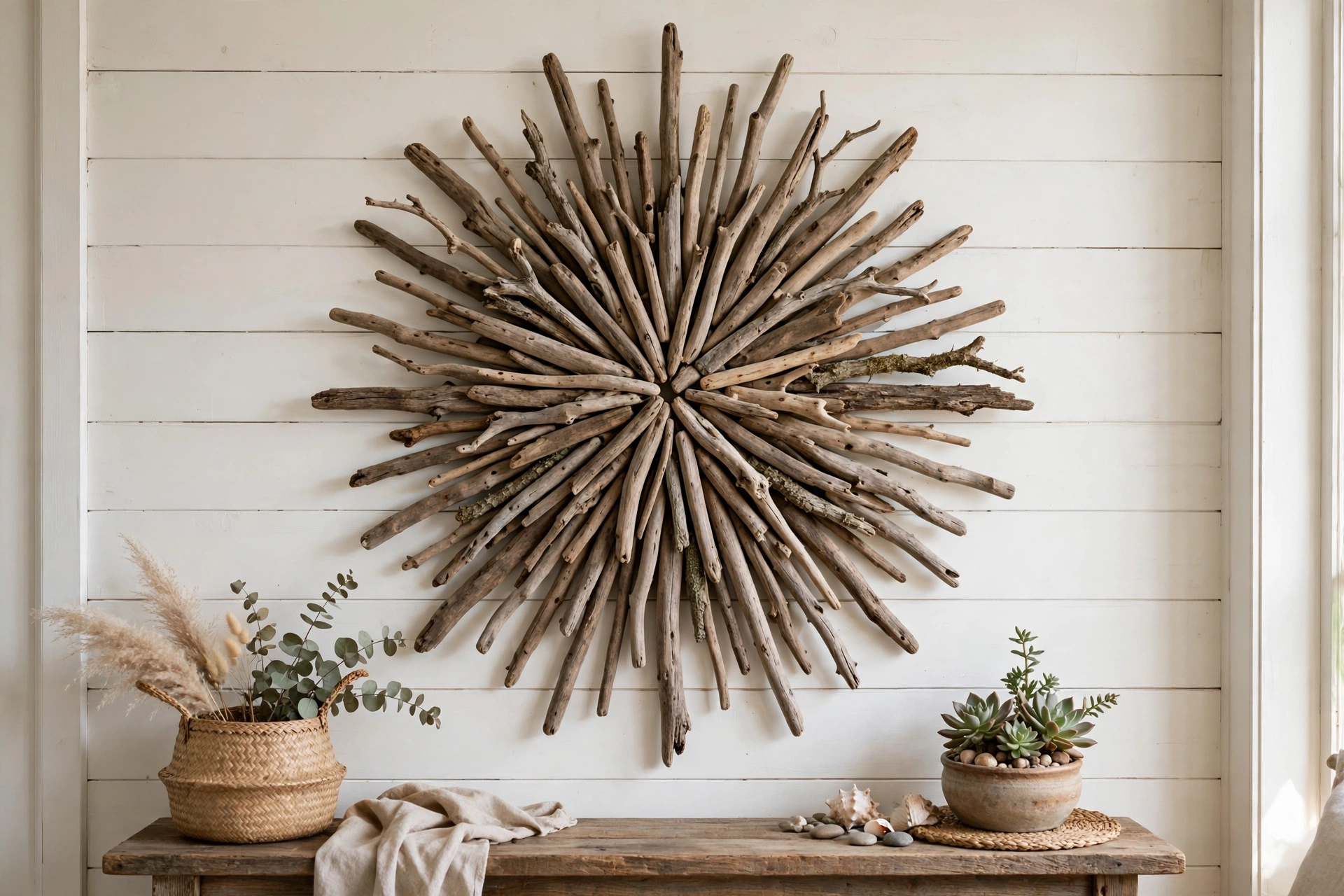 Natural driftwood wall art sculpture with coastal texture