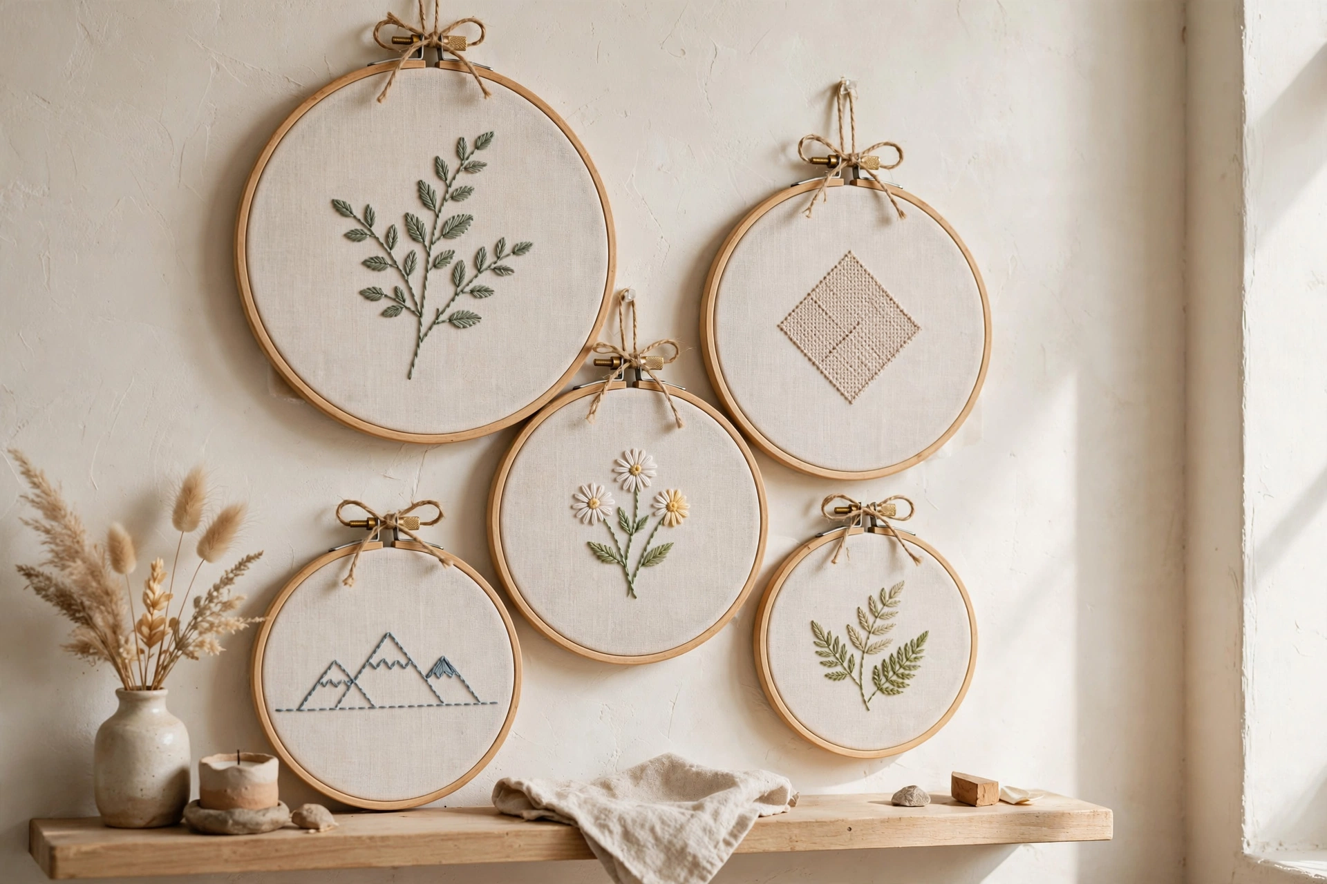Embroidery hoop wall art with pretty floral fabric patterns