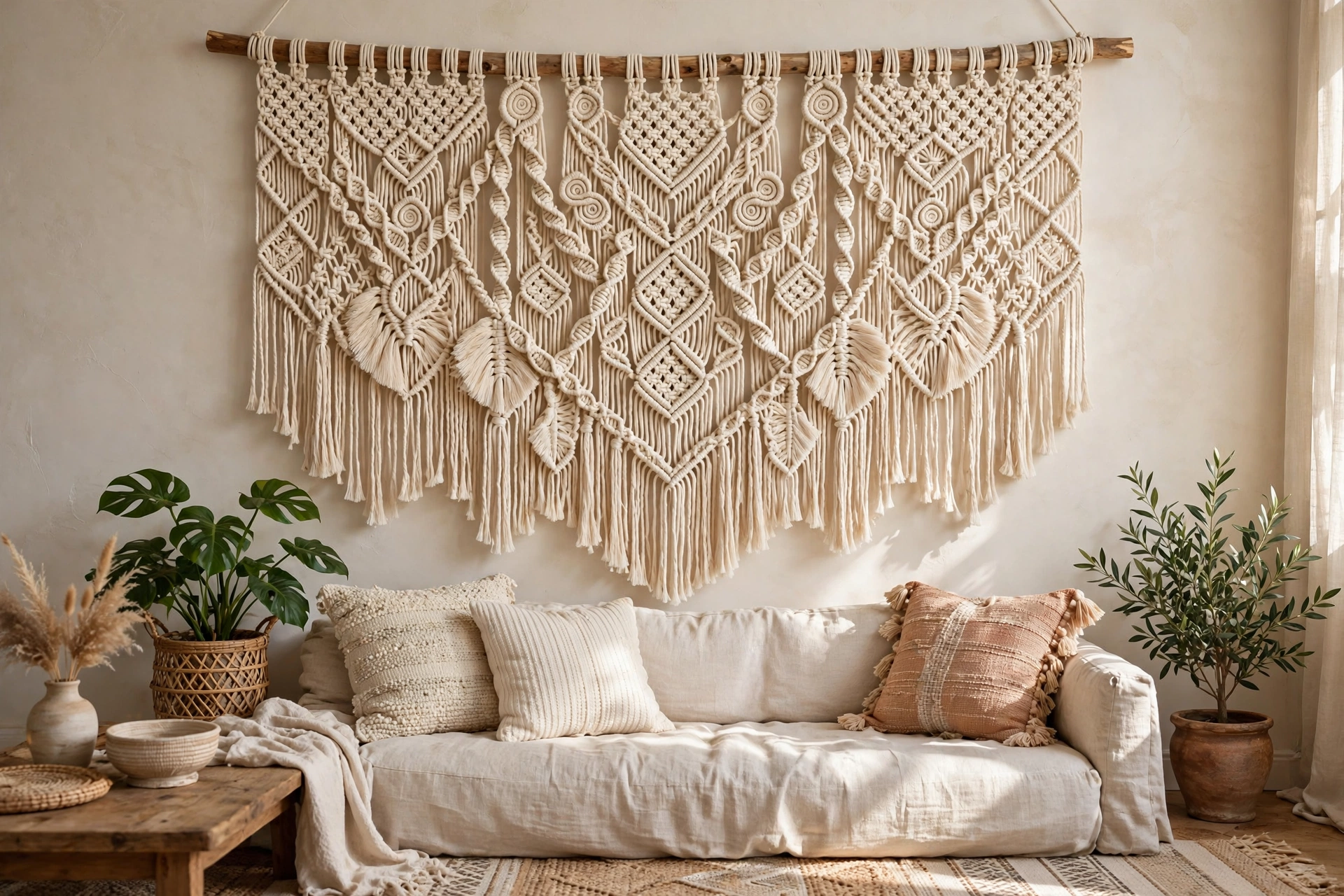 Handmade macrame wall hanging with cotton cords on a wooden dowel above a sofa