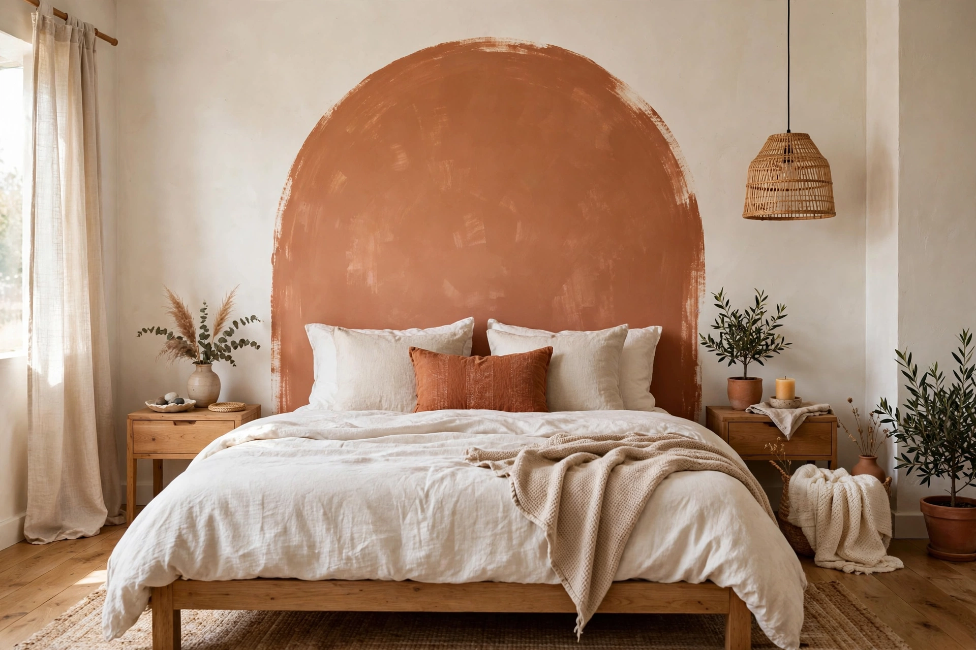 Hand-painted DIY wall mural with terracotta arches on a bedroom wall