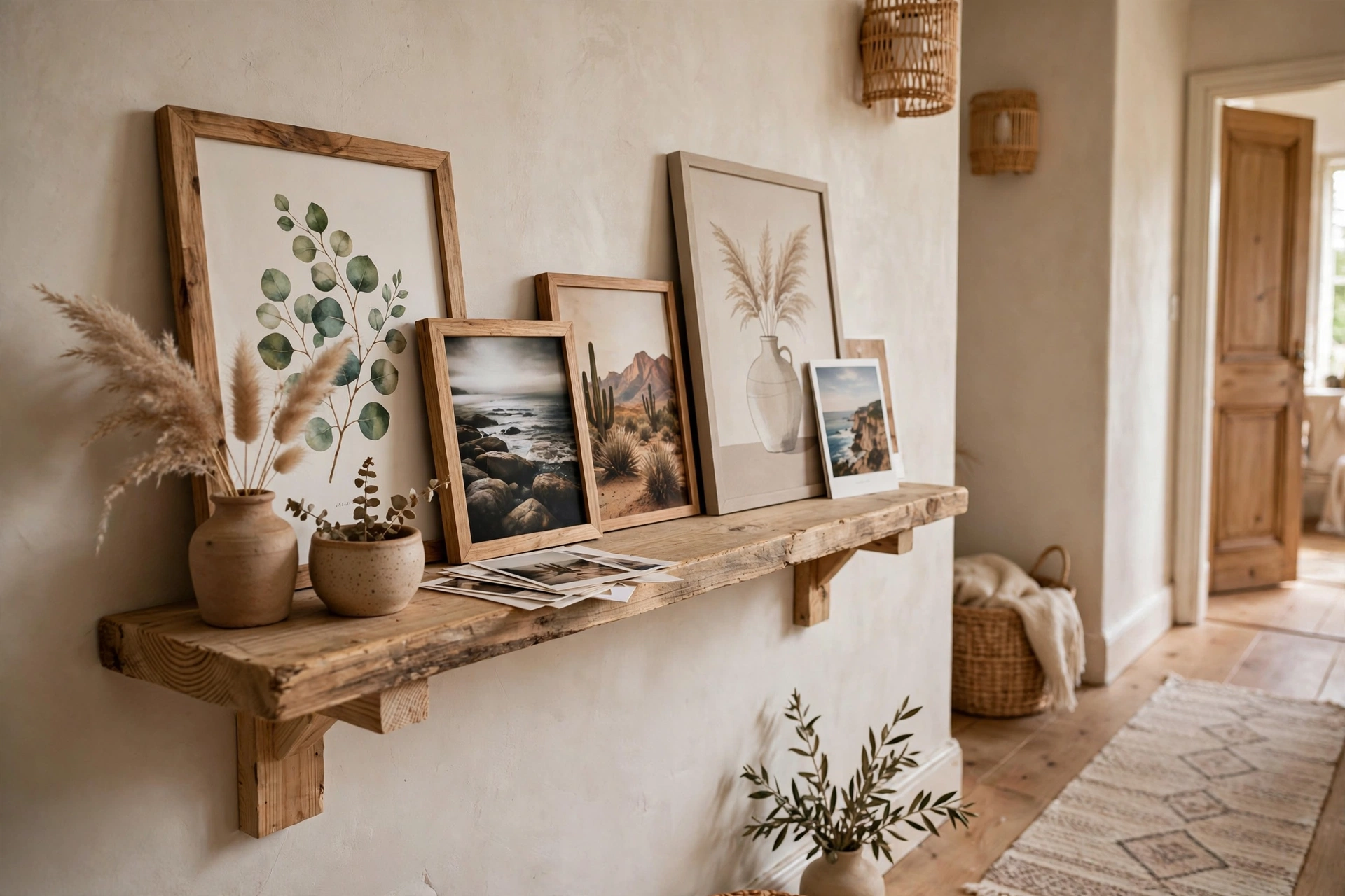 DIY photo ledge shelf styled with framed prints and small potted plants