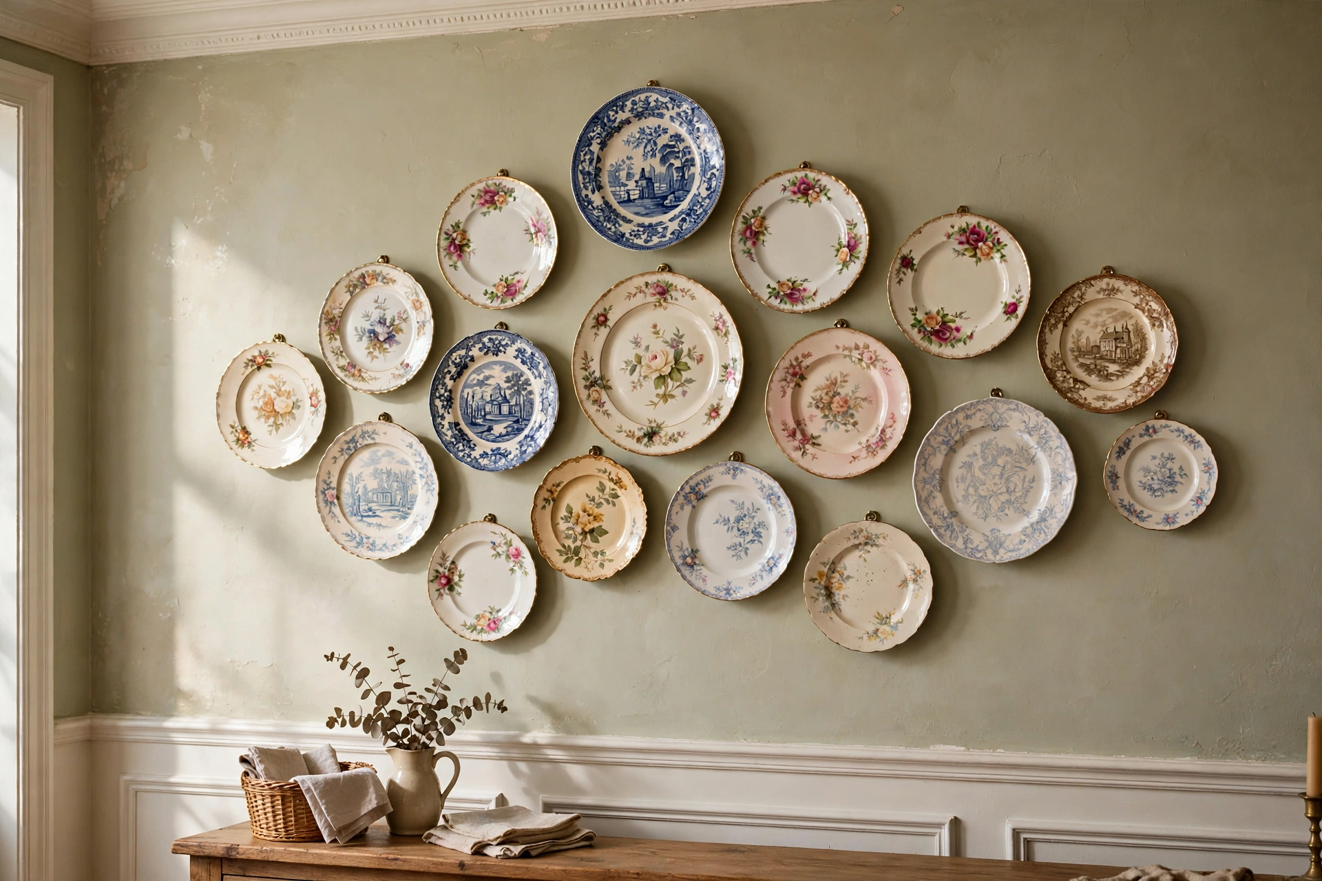Decorative vintage plate wall display with patterned ceramic plates