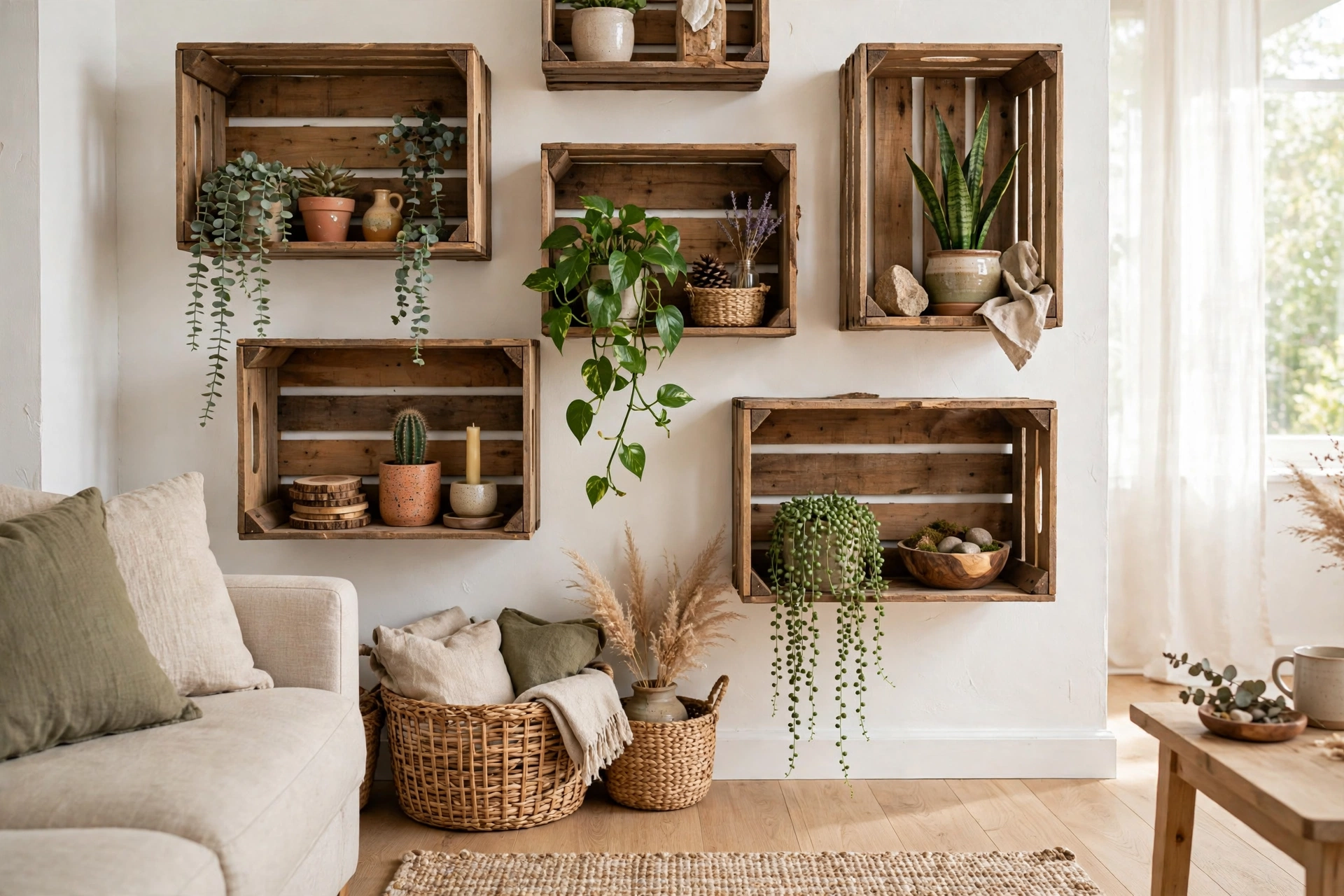 Floating shelf display styled with vases, books, and small framed art