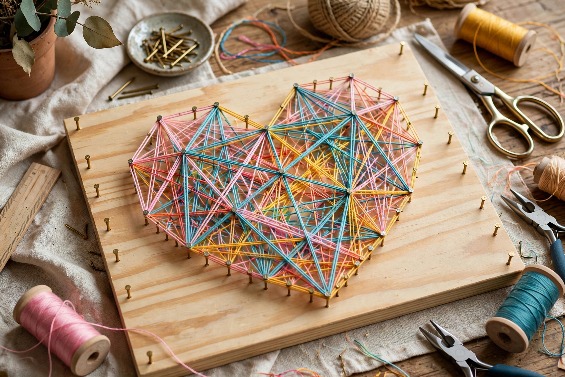 DIY string art heart design on a stained wooden board