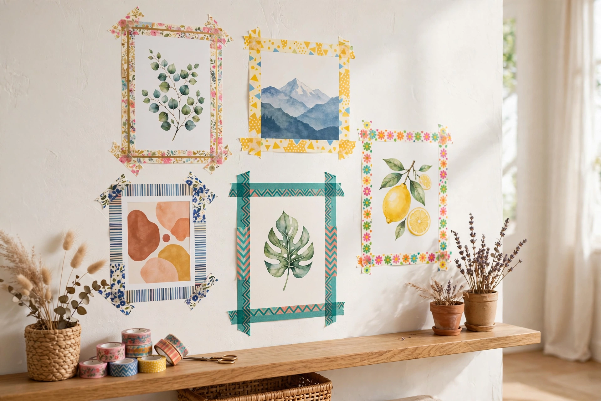 Colorful washi tape frames arranged as playful DIY wall art