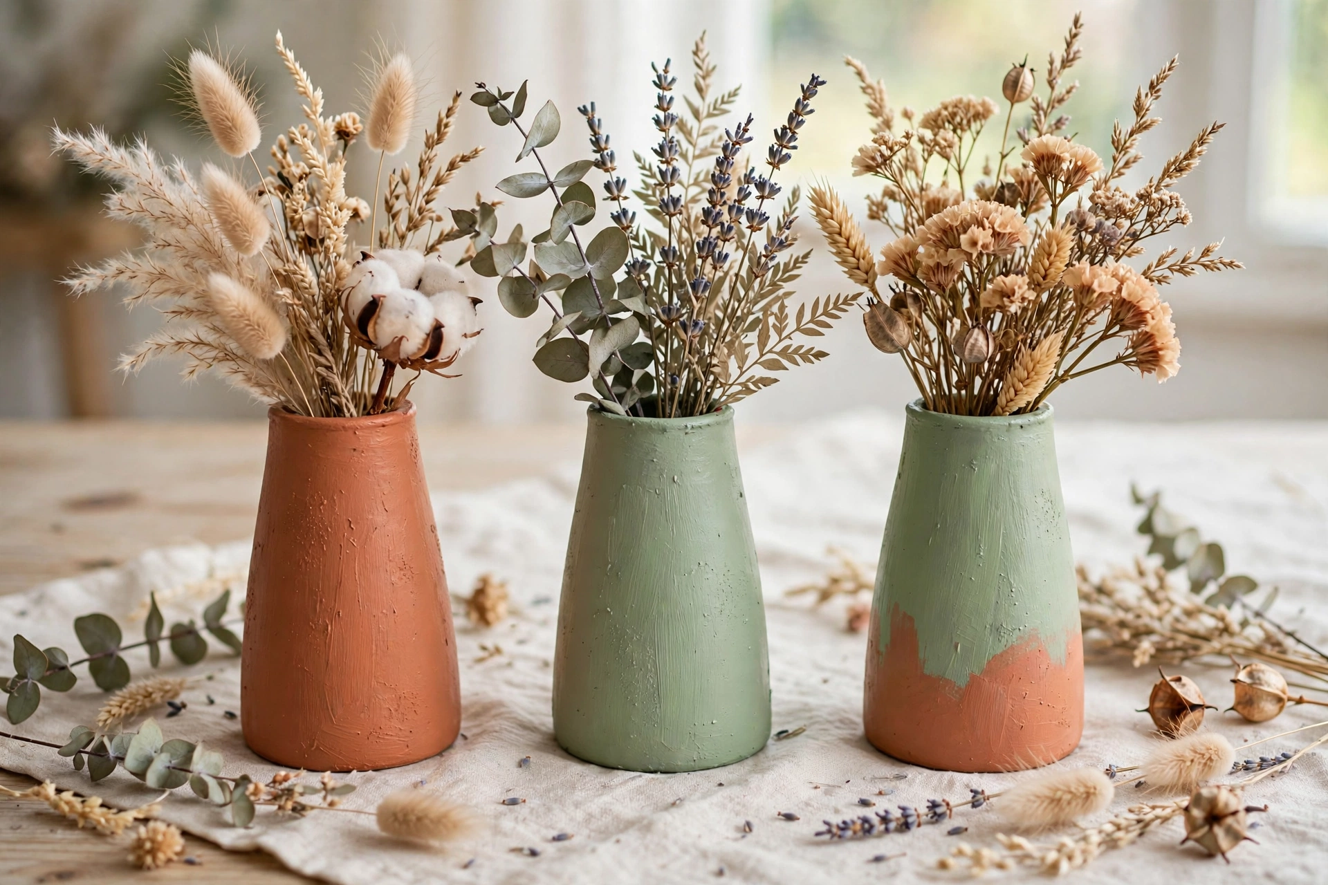 20 Easy DIY Home Decor Ideas for Beginners 2 Hand-painted vases in soft neutral colors, an easy DIY home decor project for beginners