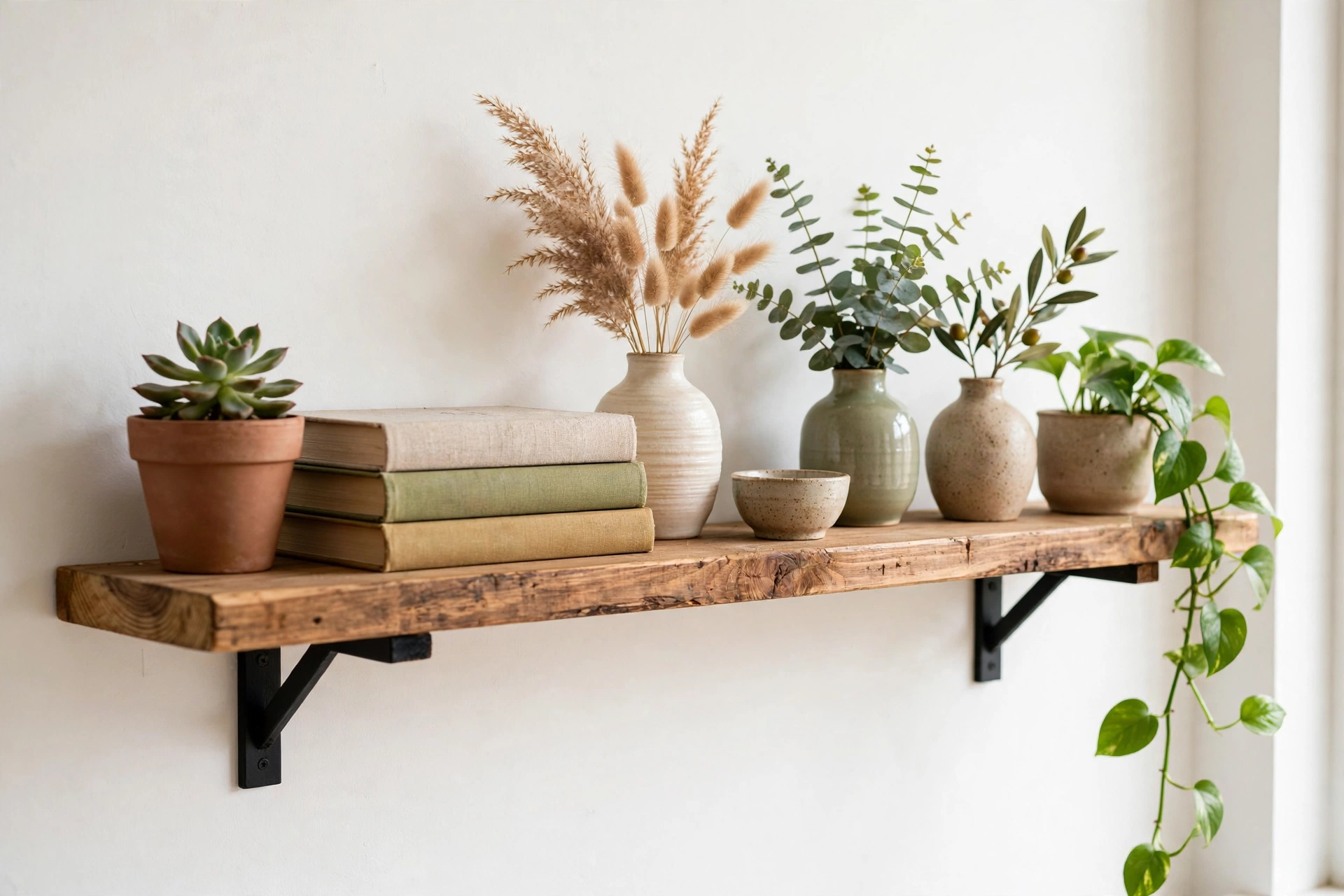 20 Easy DIY Home Decor Ideas for Beginners 9 Styled floating shelf with plants, books, and handmade DIY decor
