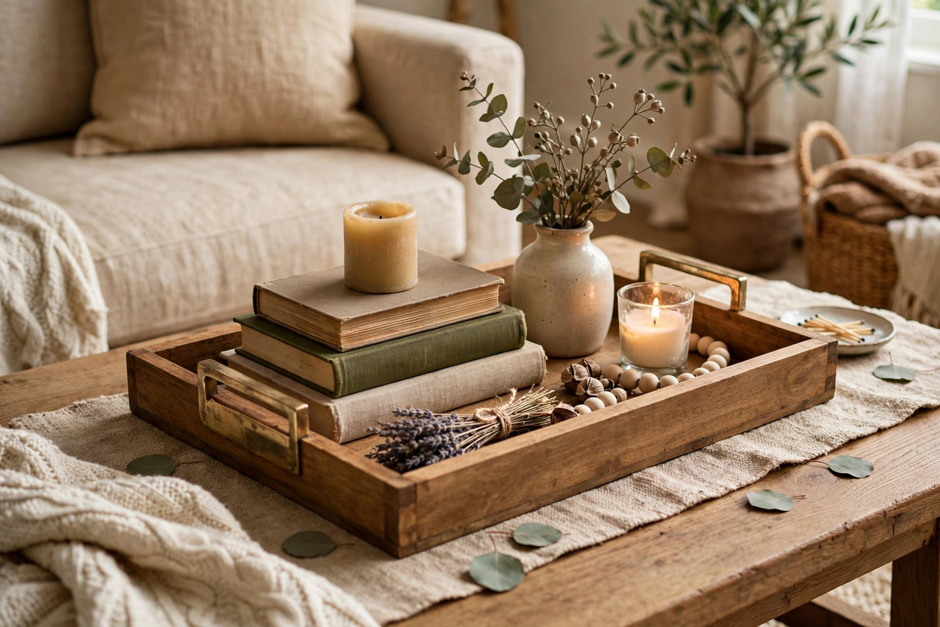 20 Easy DIY Home Decor Ideas for Beginners 12 Styled decorative tray with candles, small vase, and books on a coffee table