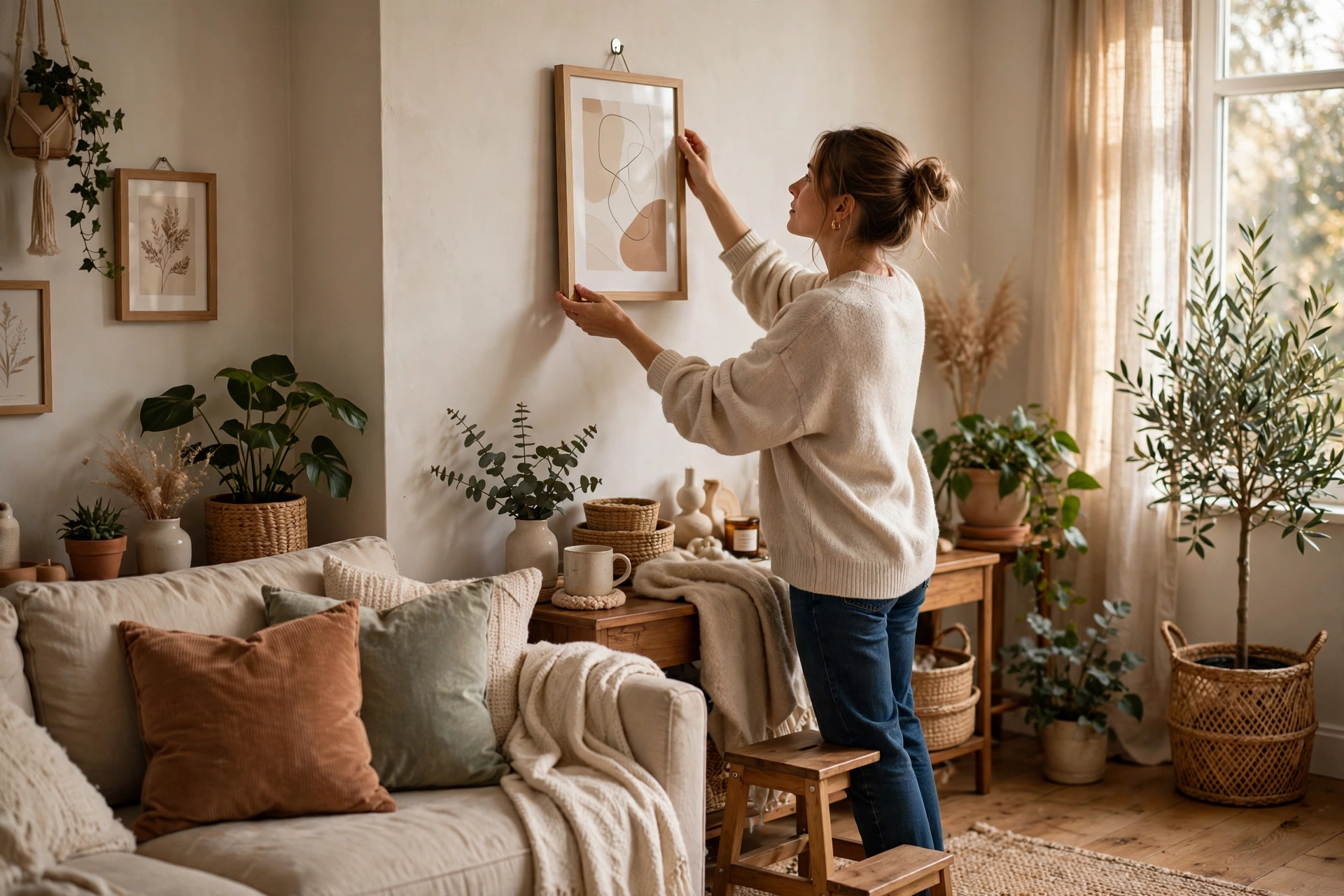 Person hanging framed art while decorating a cozy home