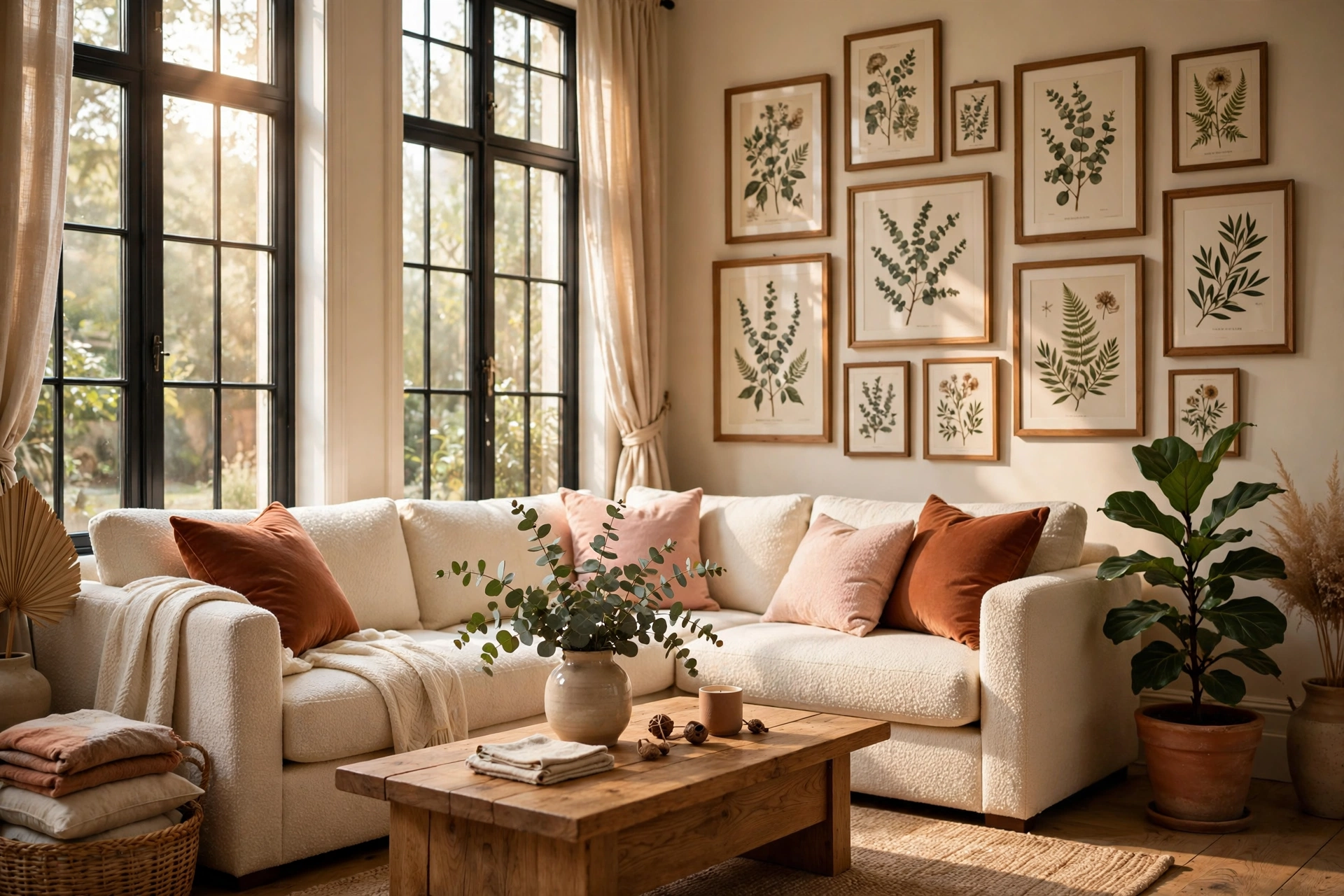 Cozy stylish living room with cream sofa, botanical gallery wall and plants