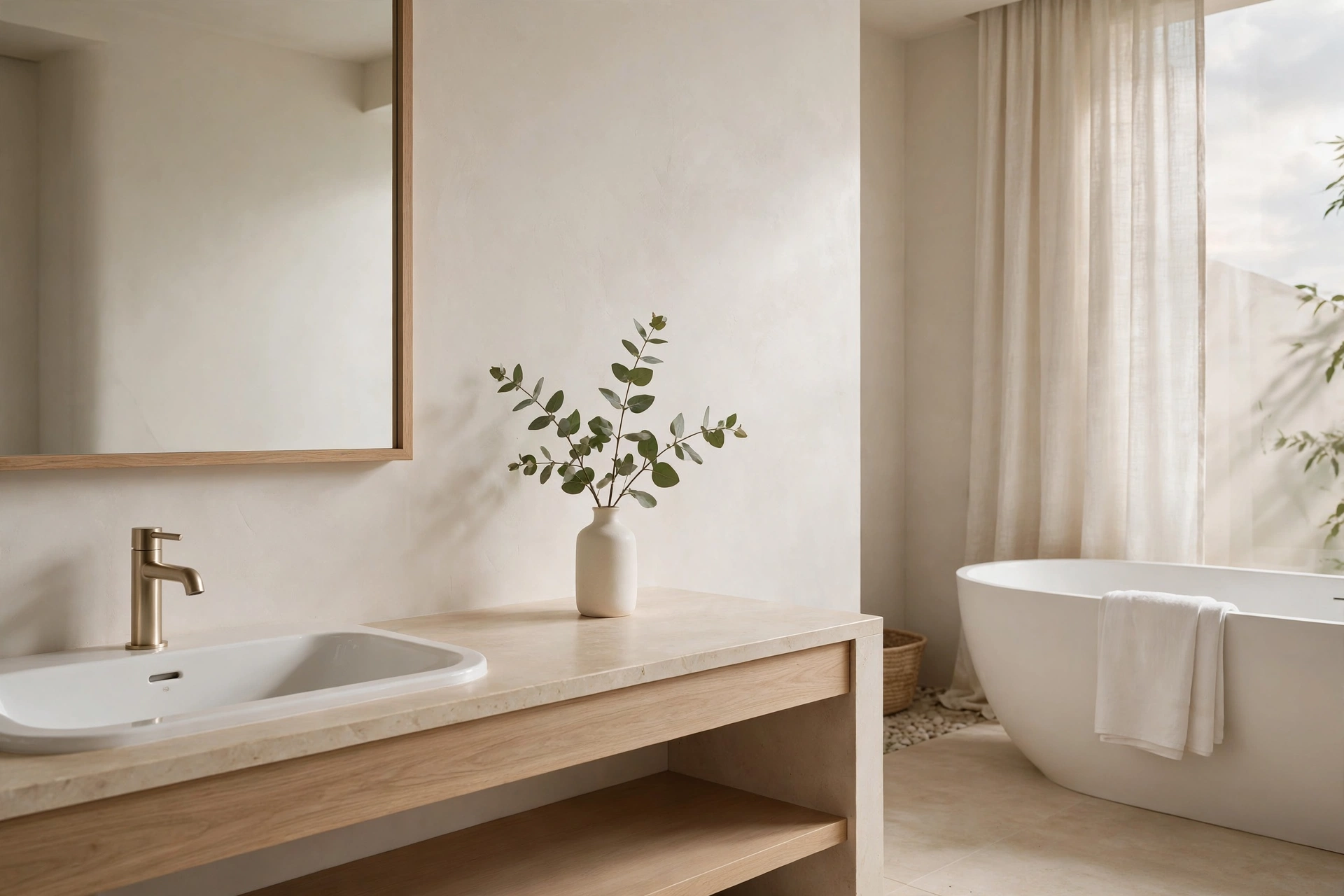Calm minimalist bathroom with natural stone and wood