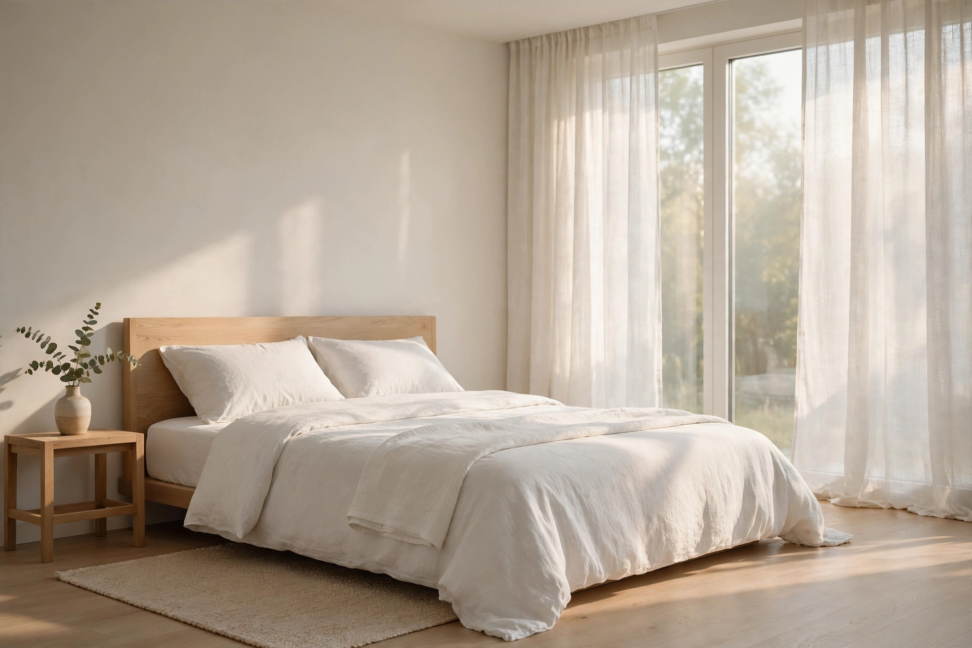 Calm minimalist bedroom with simple white bedding